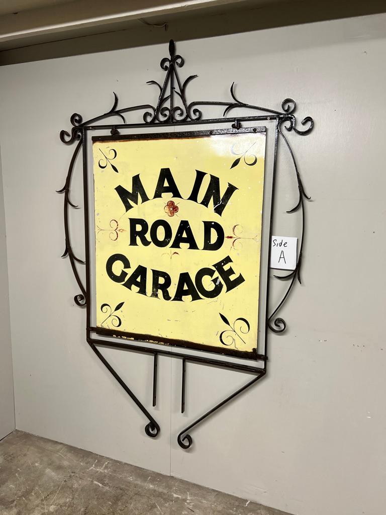 1920 Very Large Wrought Iron Double-Sided Hanging Sign — Main Road Garage 60x88 For Sale 4