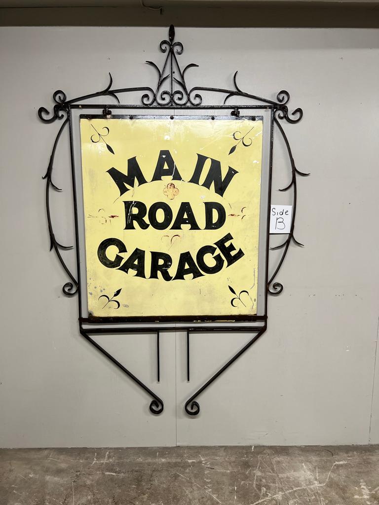 1920 Very Large Wrought Iron Double-Sided Hanging Sign — Main Road Garage 60x88 For Sale 7