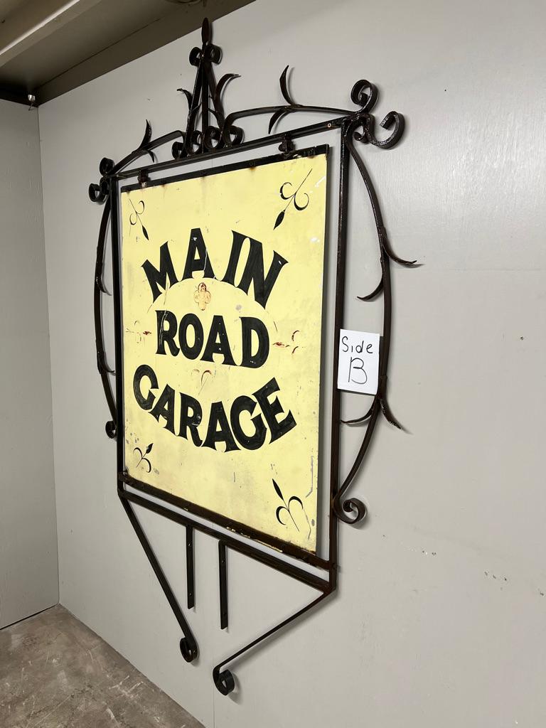 1920 Very Large Wrought Iron Double-Sided Hanging Sign — Main Road Garage 60x88 For Sale 8