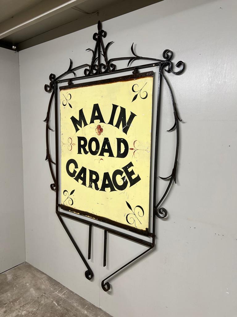 Industrial 1920 Very Large Wrought Iron Double-Sided Hanging Sign — Main Road Garage 60x88 For Sale