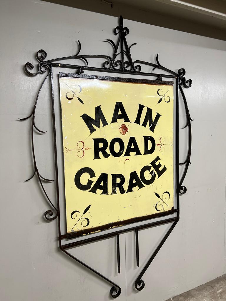 1920 Very Large Wrought Iron Double-Sided Hanging Sign — Main Road Garage 60x88 In Good Condition For Sale In Markington, GB