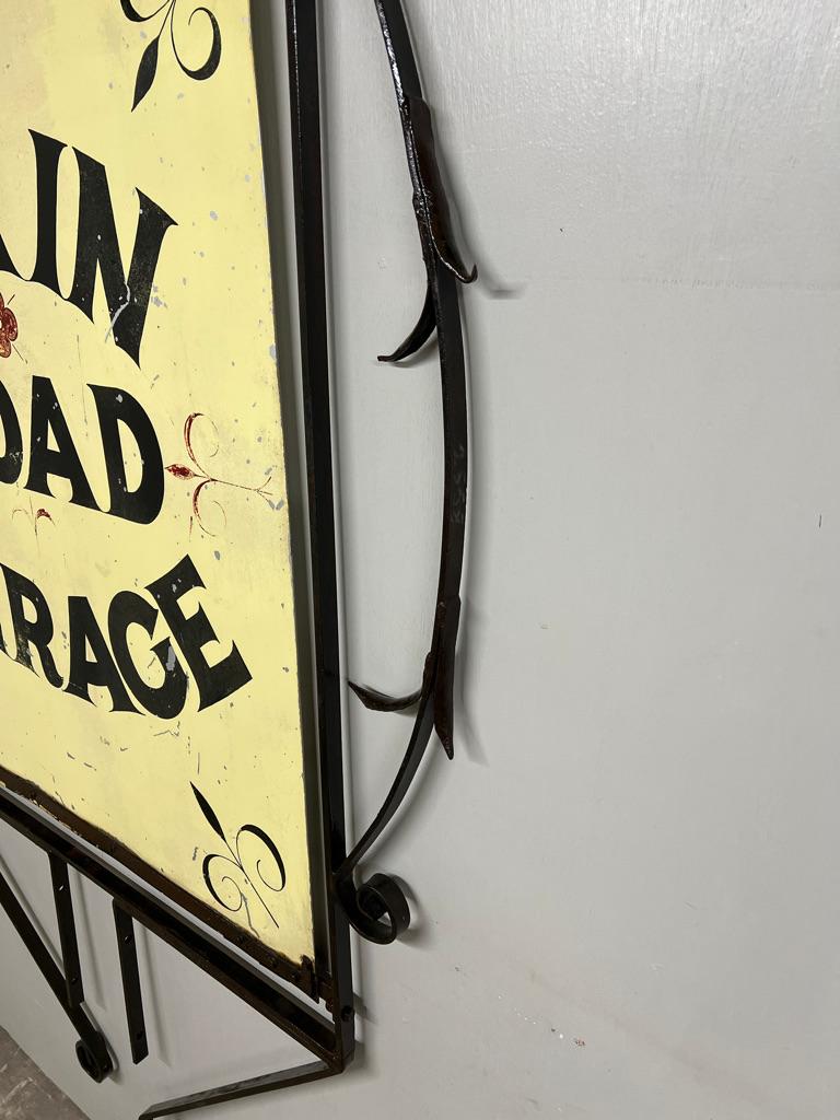 1920 Very Large Wrought Iron Double-Sided Hanging Sign — Main Road Garage 60x88 For Sale 1