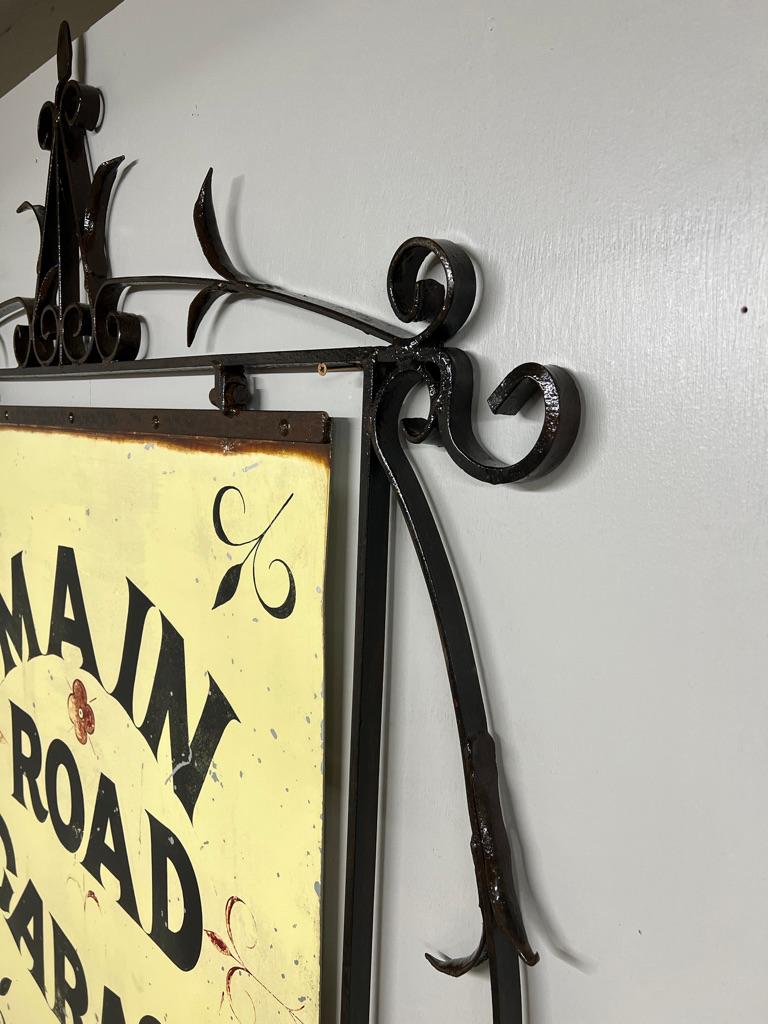 1920 Very Large Wrought Iron Double-Sided Hanging Sign — Main Road Garage 60x88 For Sale 2