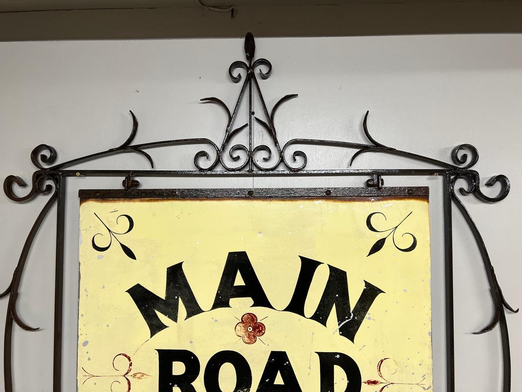 1920 Very Large Wrought Iron Double-Sided Hanging Sign — Main Road Garage 60x88 For Sale 3