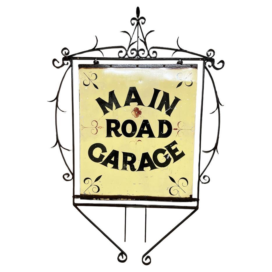 1920 Very Large Wrought Iron Double-Sided Hanging Sign — Main Road Garage 60x88 For Sale
