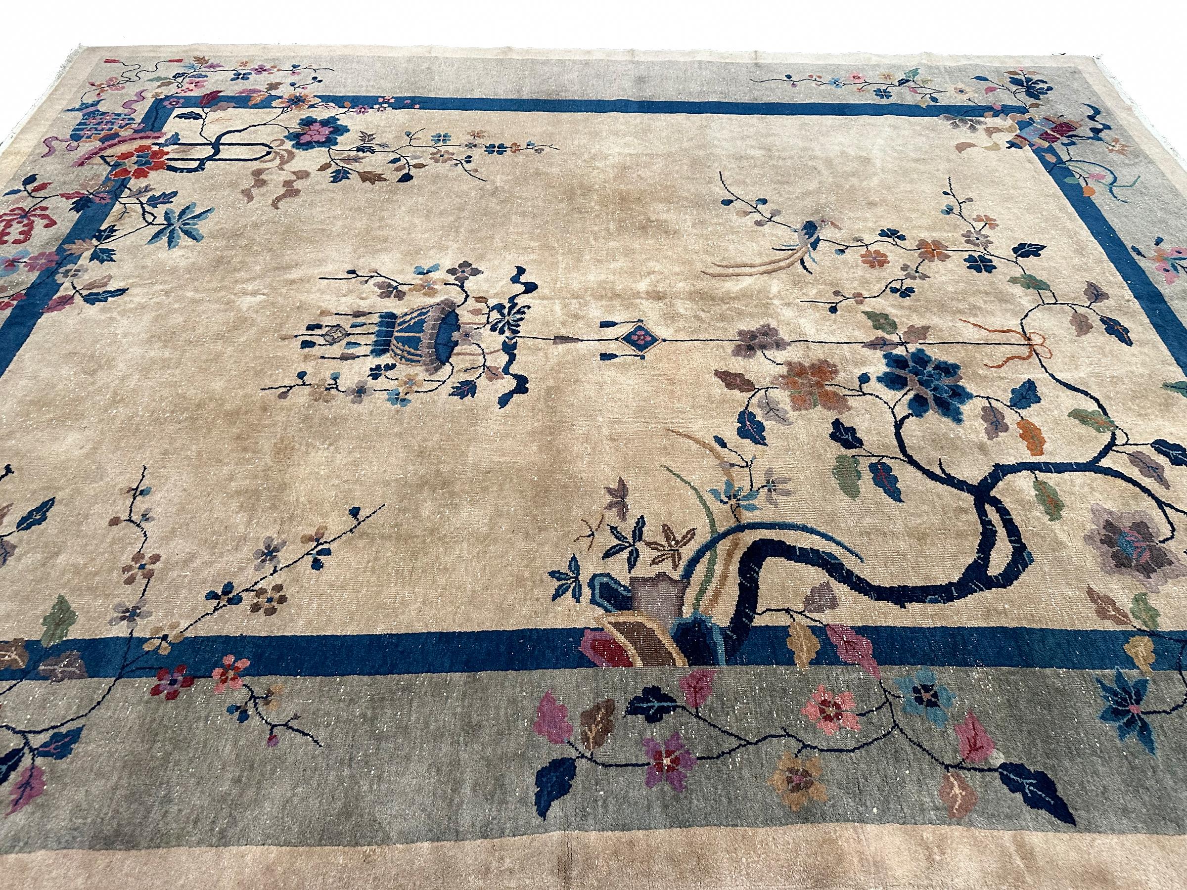 1920 Walter Nichols Antique Chinese Art Deco Rug Tree of Life 9x12 275cm x 351cm In Good Condition For Sale In New York, NY