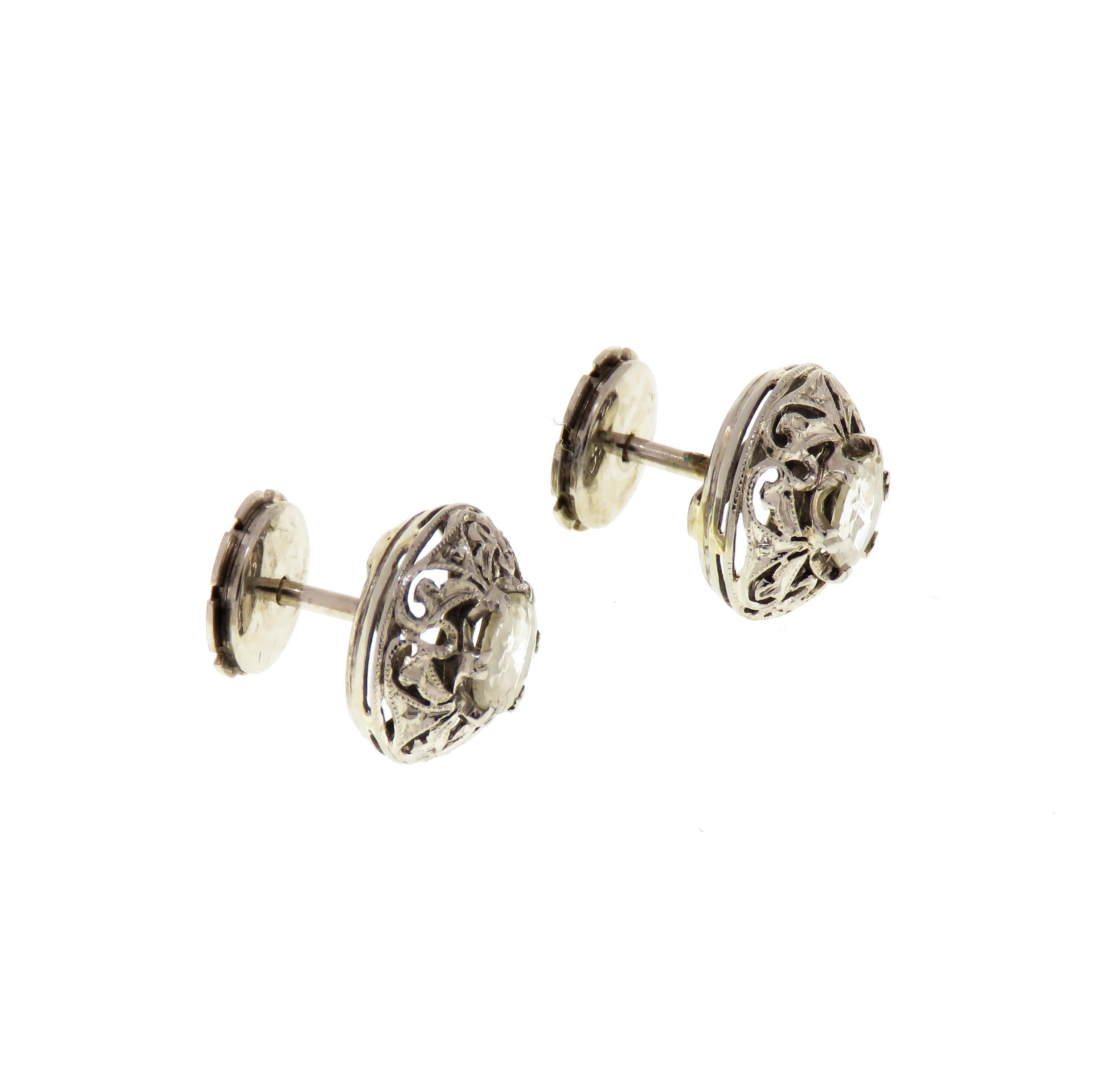 Rose Cut White Diamonds 18 Karat Perforated White Gold Antique Bombé Stud Earrings For Sale