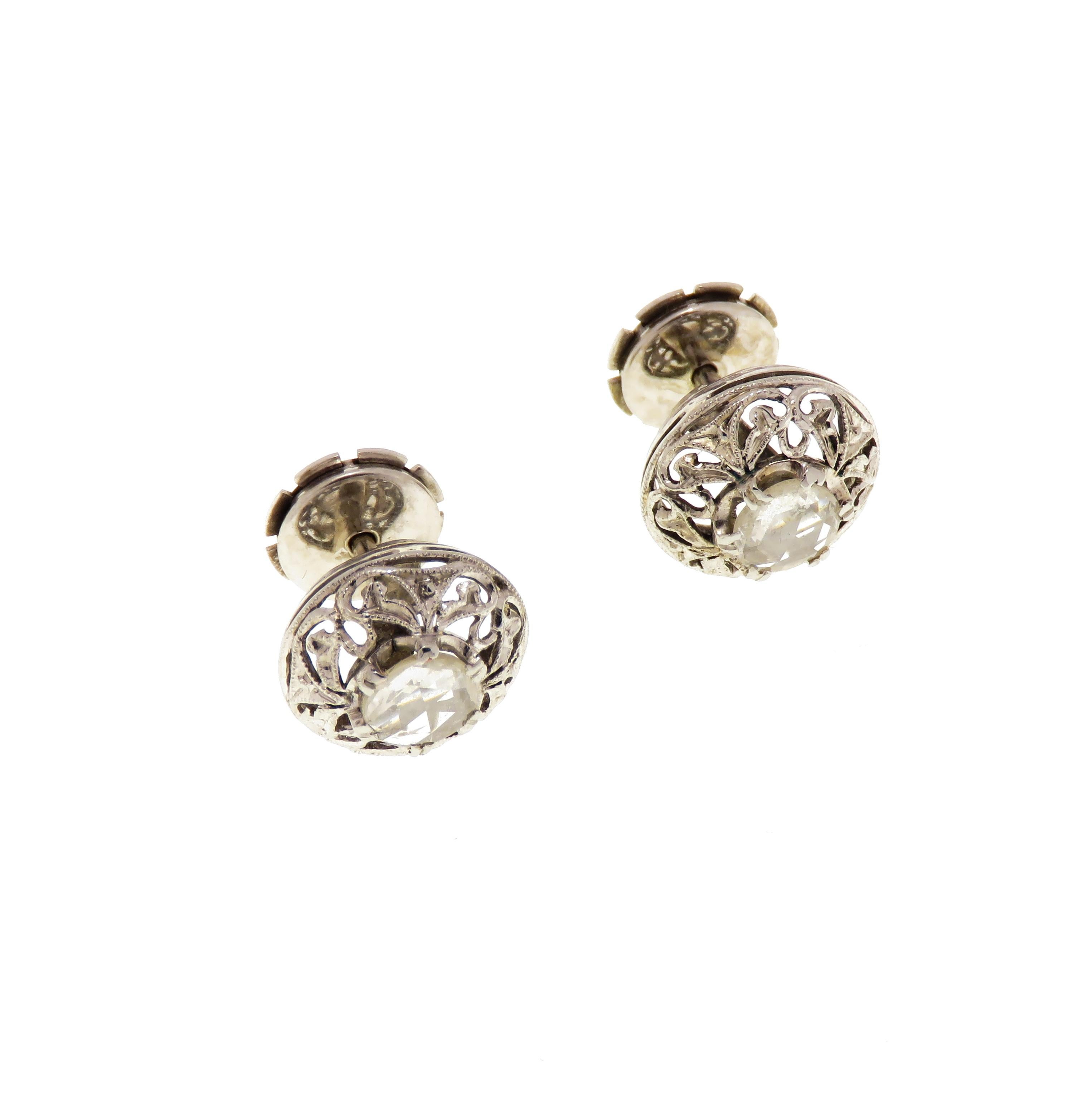 White Diamonds 18 Karat Perforated White Gold Antique Bombé Stud Earrings In Excellent Condition For Sale In Milano, IT