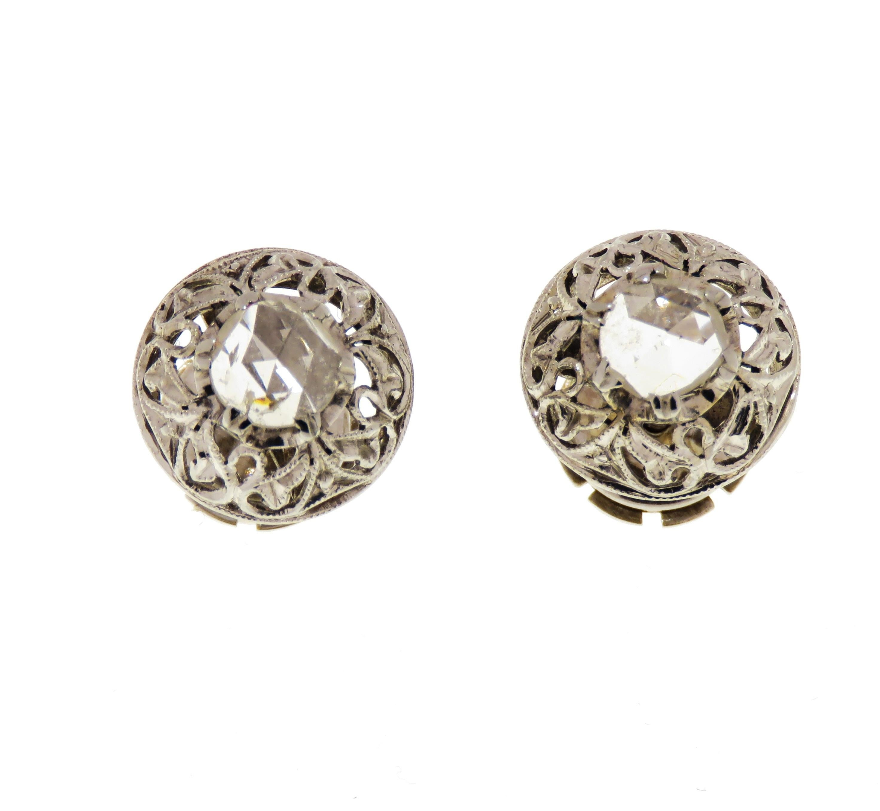 White Diamonds 18 Karat Perforated White Gold Antique Bombé Stud Earrings For Sale 2