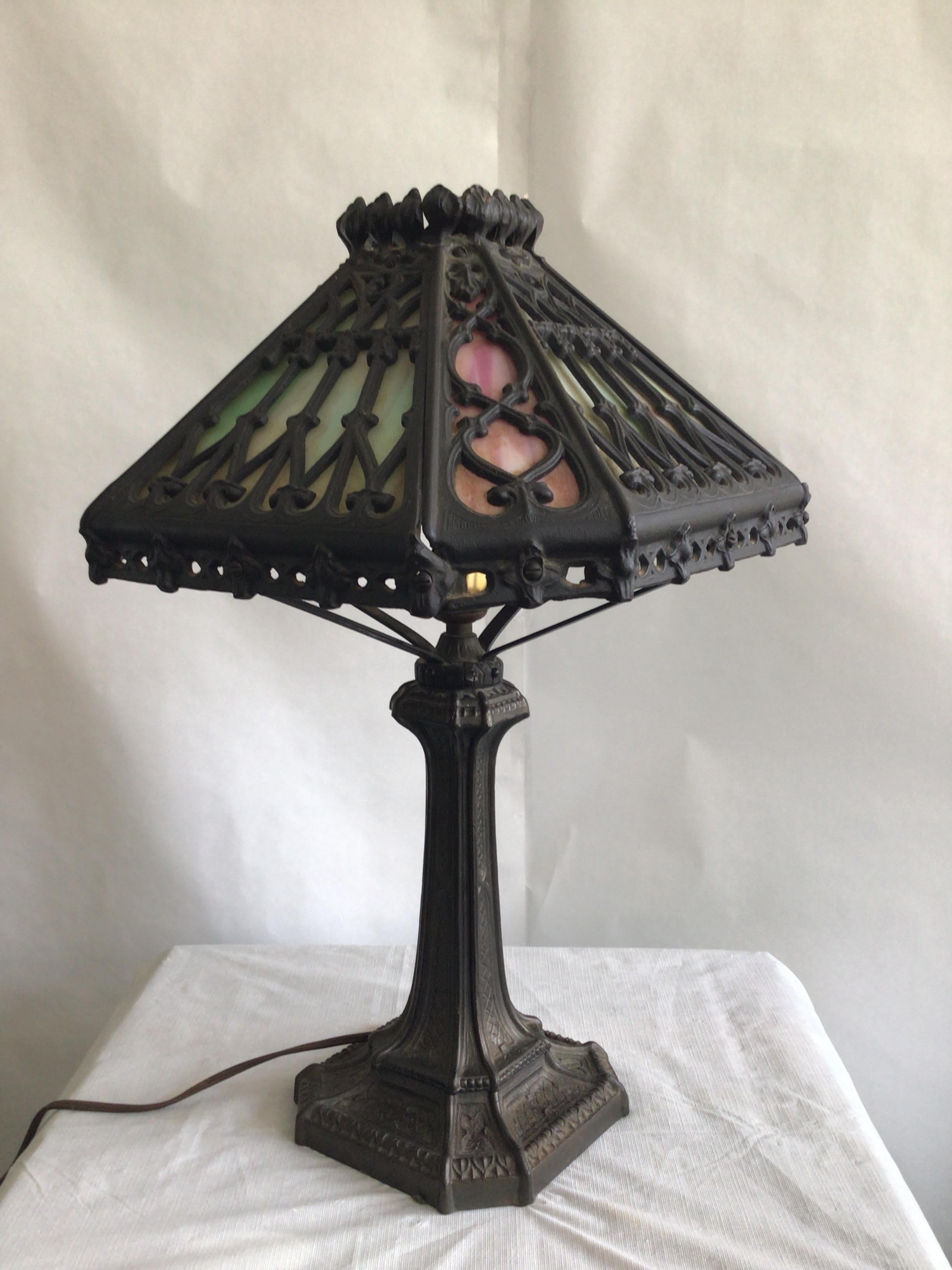Hand-Crafted 1920a Ornate Iron Leaded Glass Table Lamp For Sale