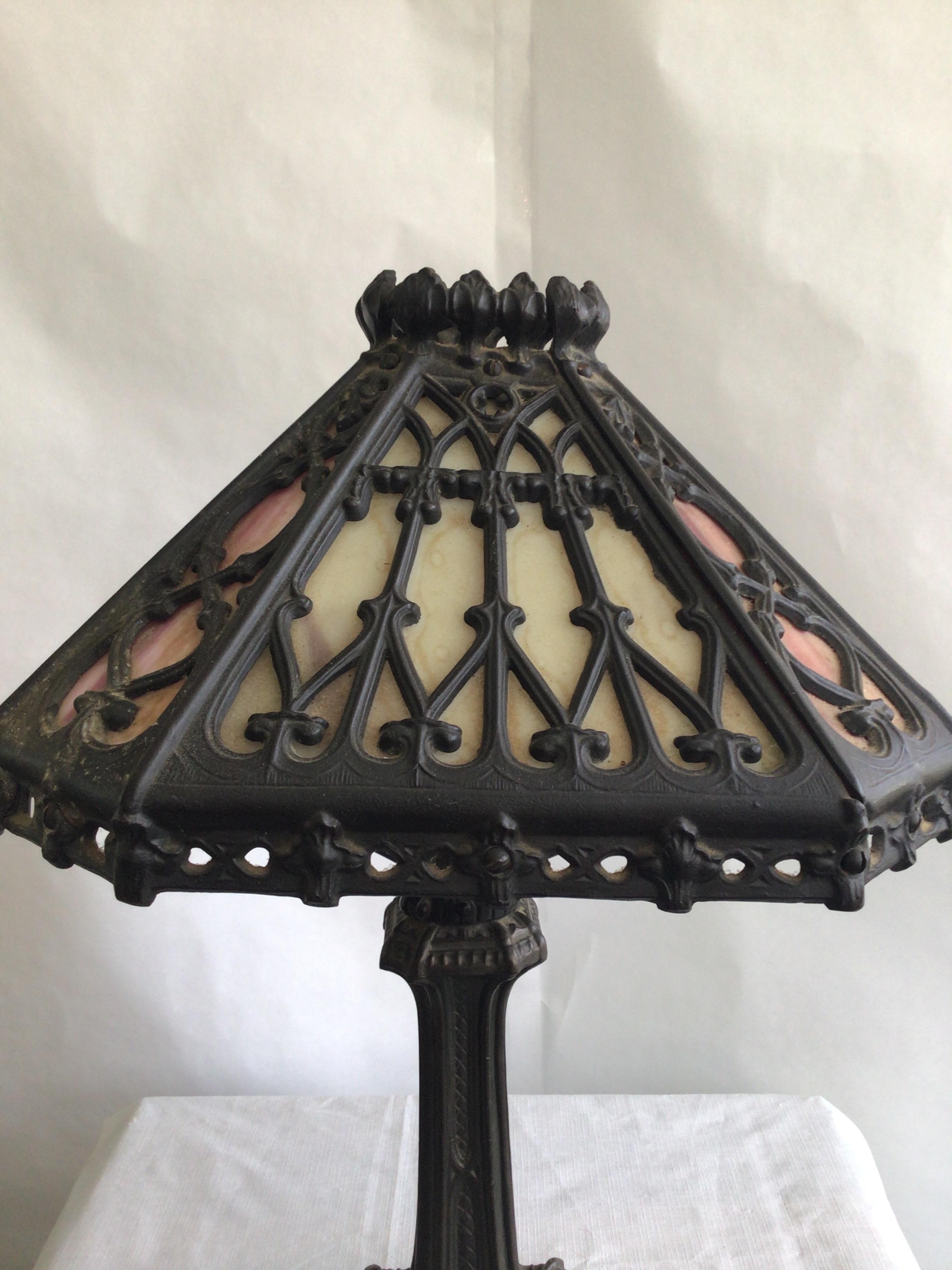 Stained Glass 1920a Ornate Iron Leaded Glass Table Lamp For Sale