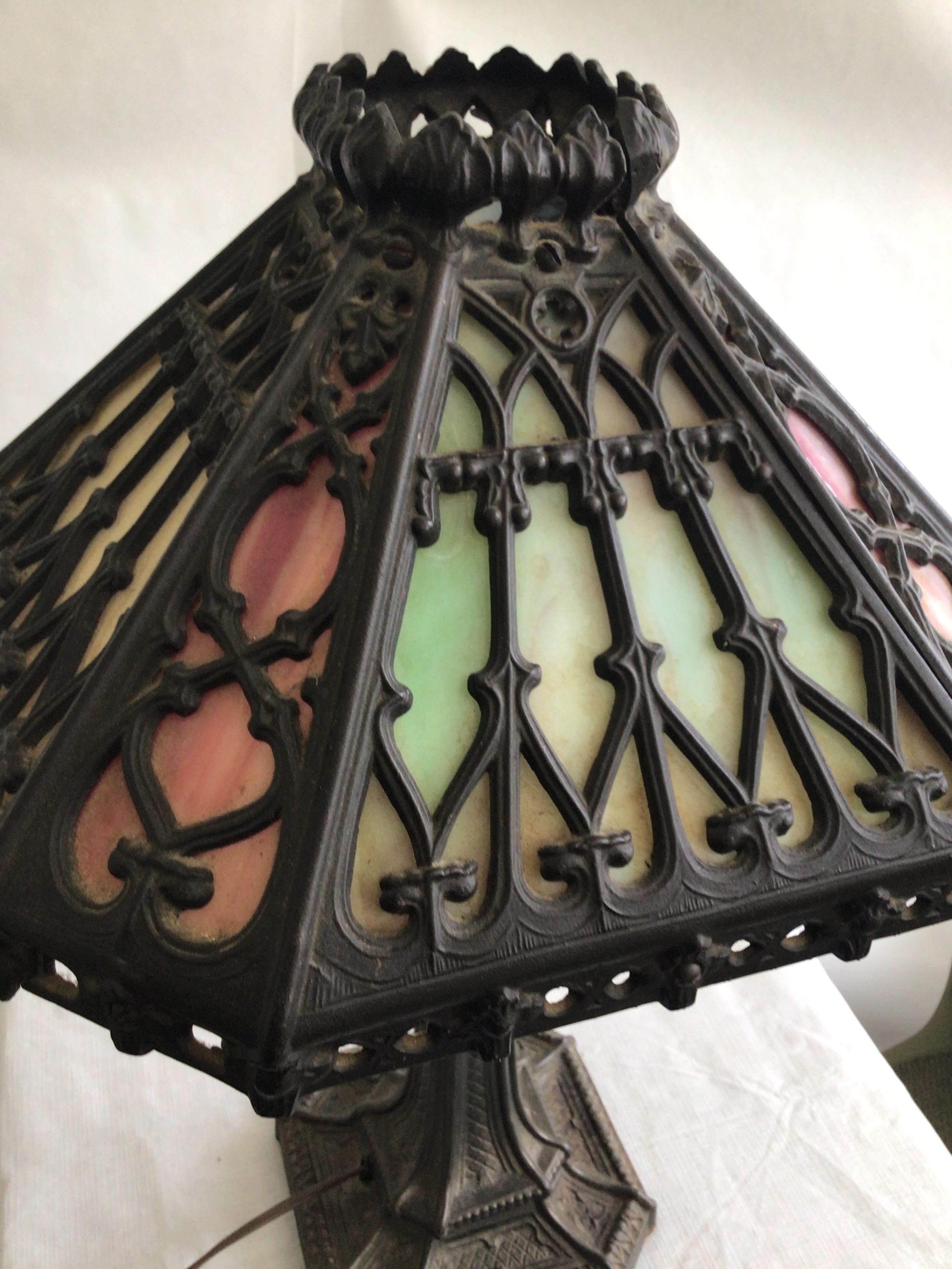 1920a Ornate Iron Leaded Glass Table Lamp For Sale 1
