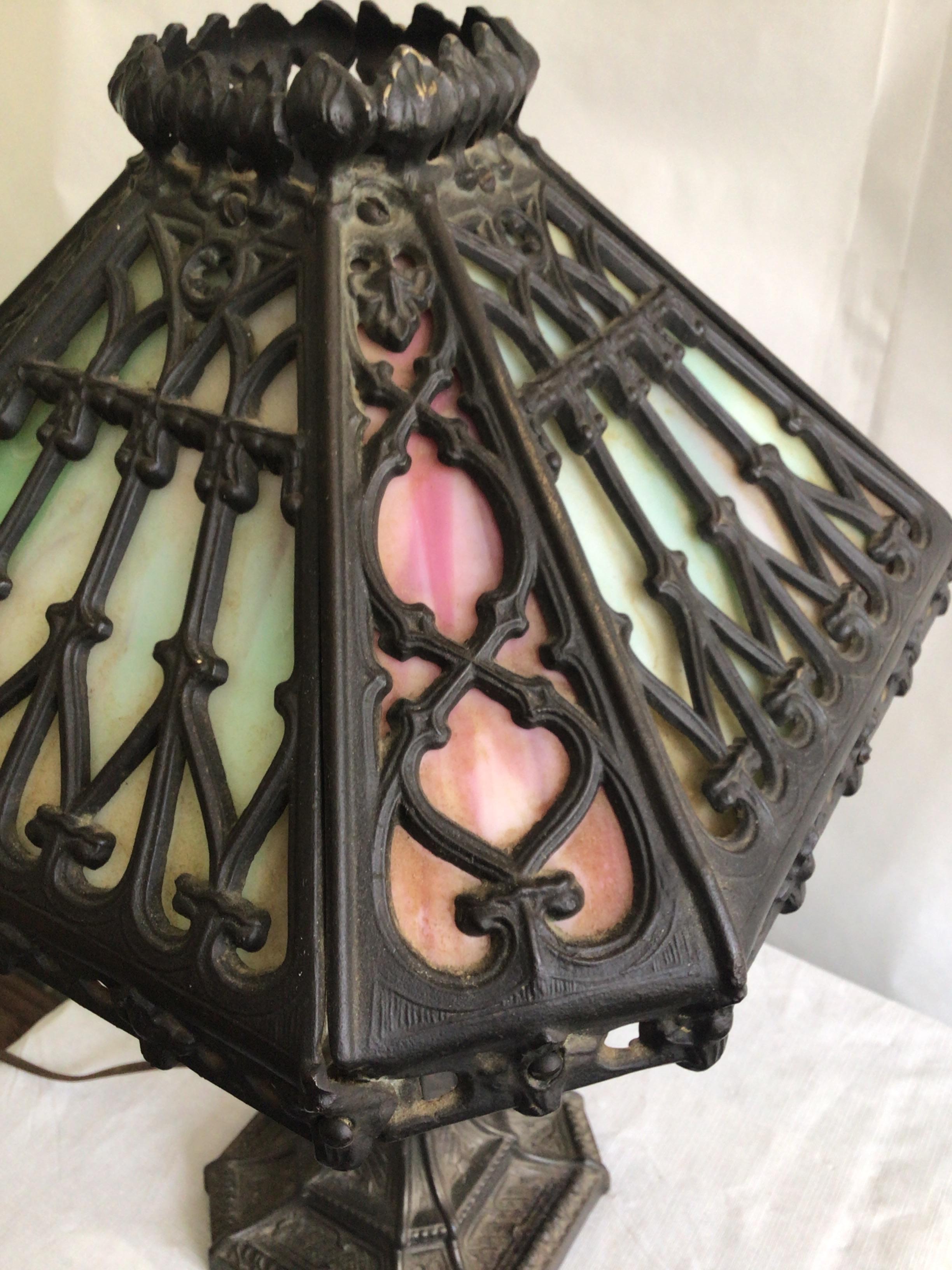 1920a Ornate Iron Leaded Glass Table Lamp For Sale 2