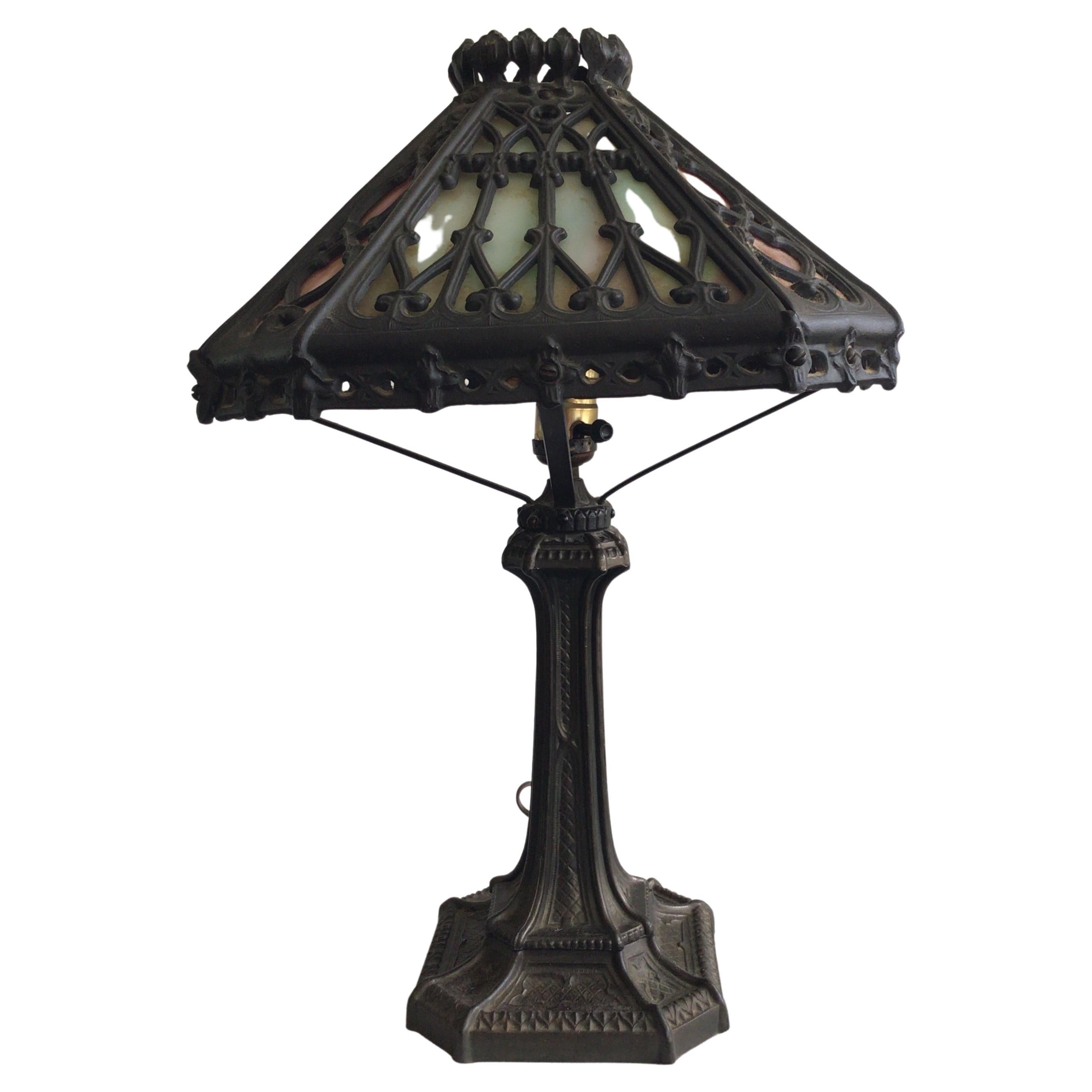 1920a Ornate Iron Leaded Glass Table Lamp For Sale