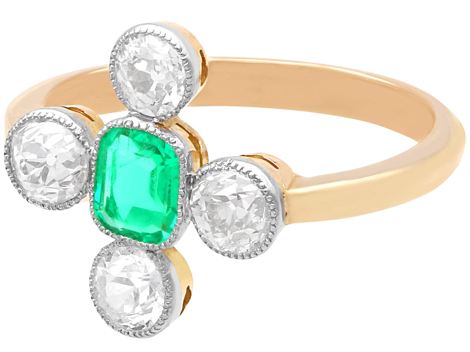 Art Deco 1920s 0.42 Carat Emerald and 1.20 Carat Diamond 12K Yellow Gold Dress Ring For Sale