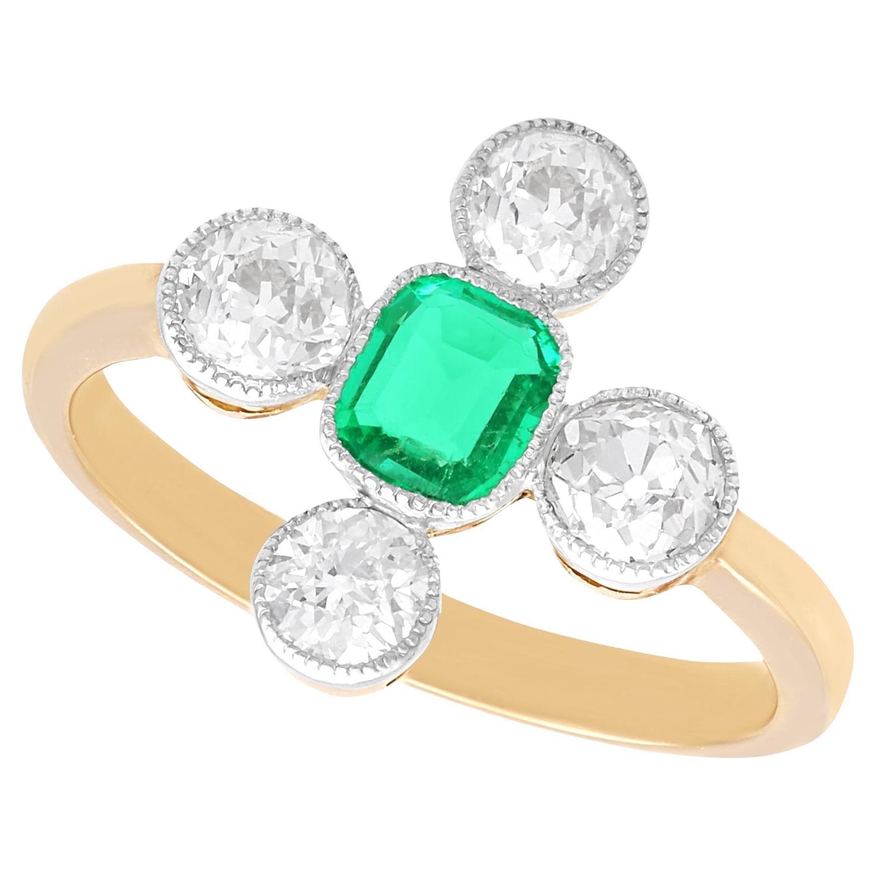 1920s 0.42 Carat Emerald and 1.20 Carat Diamond 12K Yellow Gold Dress Ring For Sale