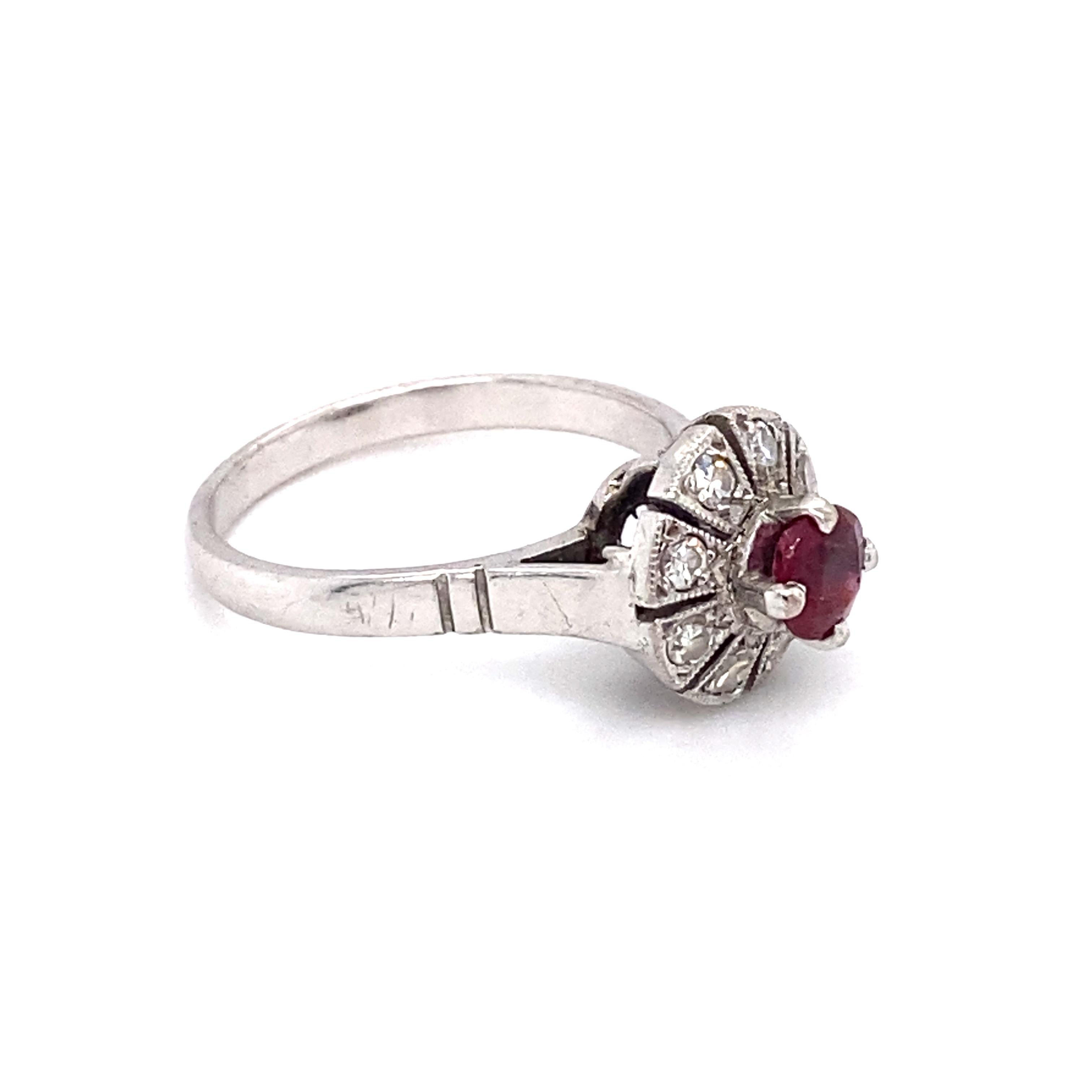 Round Cut 1920s 0.45 Carat Ruby and Diamond Ring in Palladium For Sale