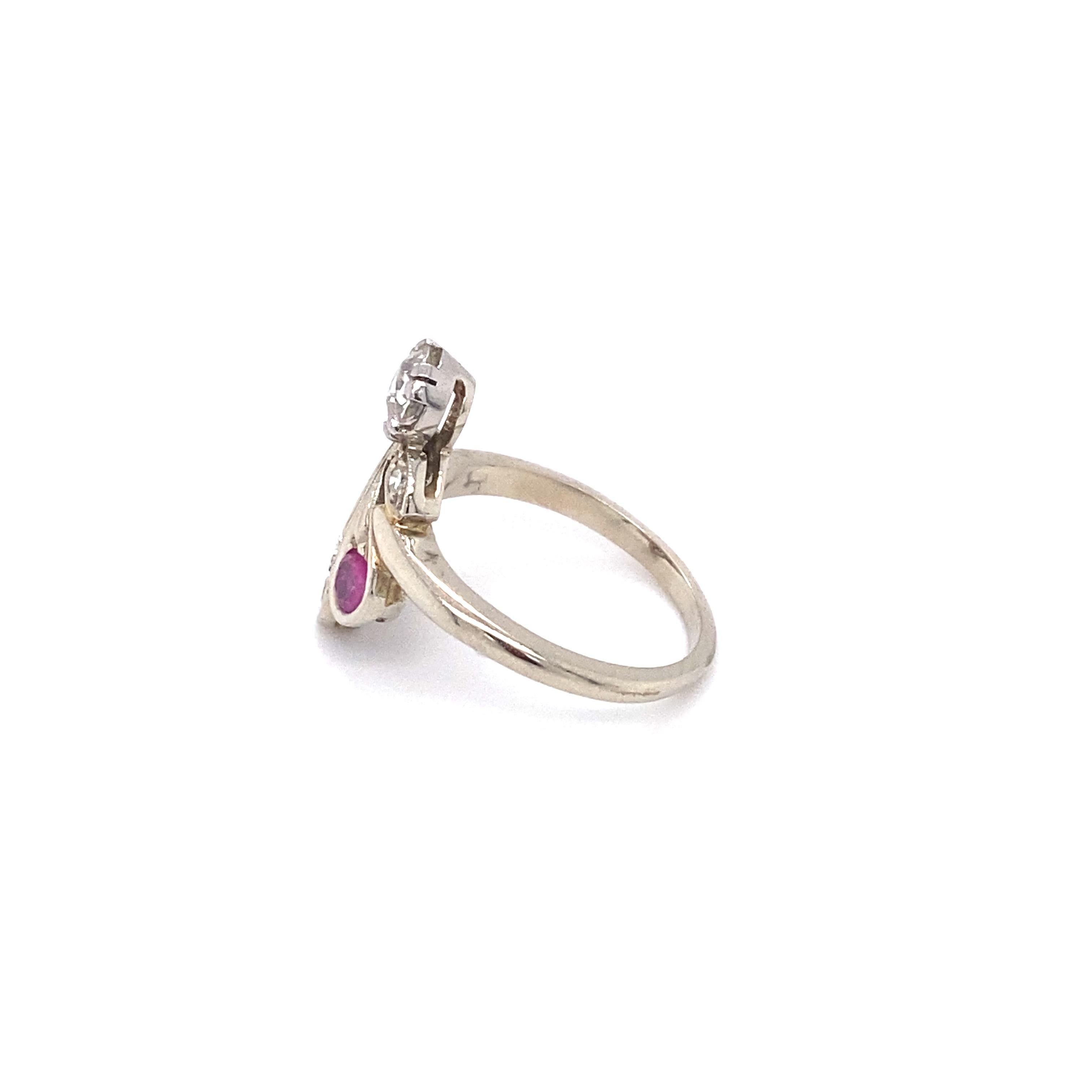 0,50 Karat Diamant- und Rubin-Ring aus 14 Karat Weißgold, 1920er Jahre (Alteuropäischer Schliff)