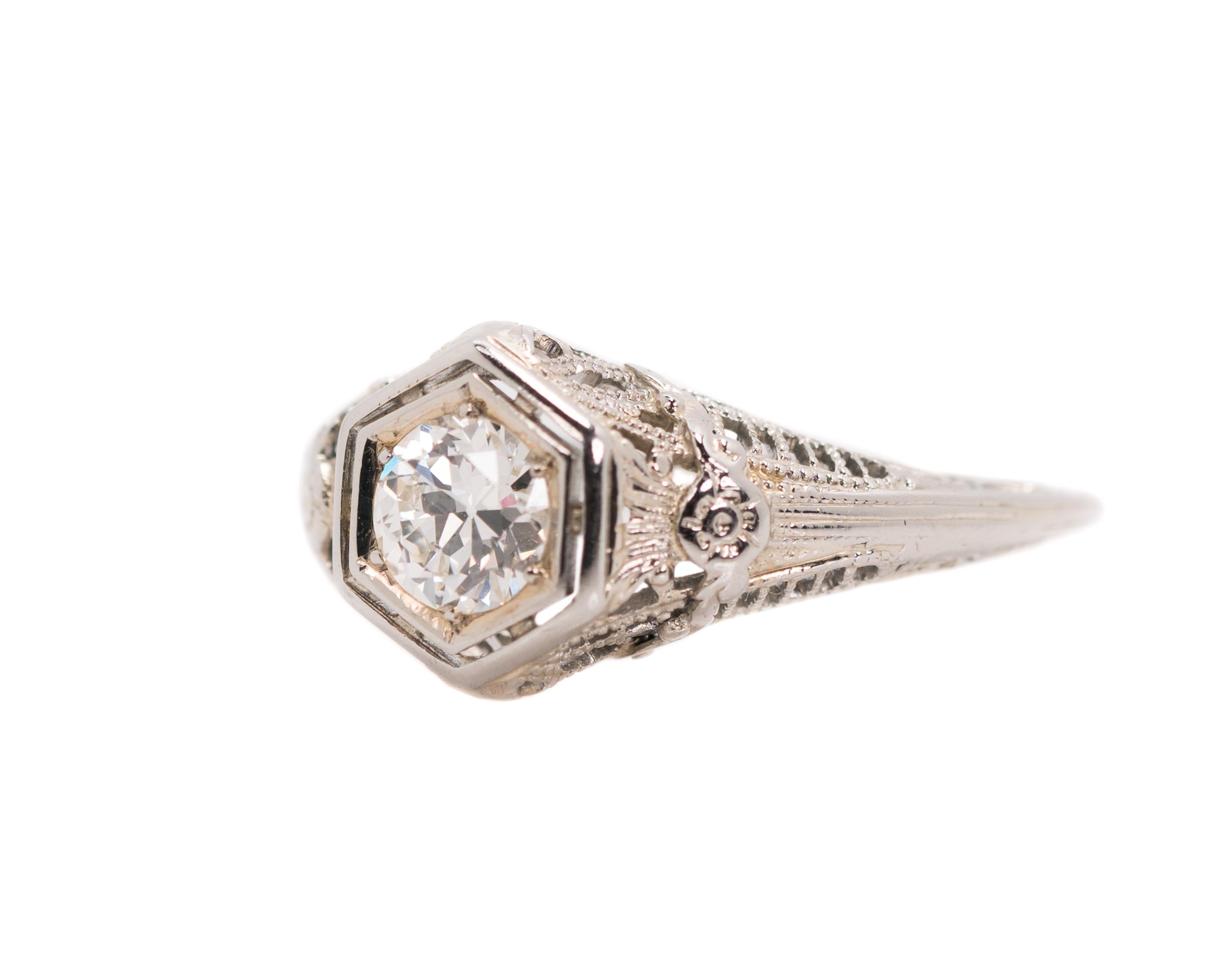 Women's 1920s 0.50 Carat Old European Diamond 18 Karat White Gold Engagement Ring For Sale