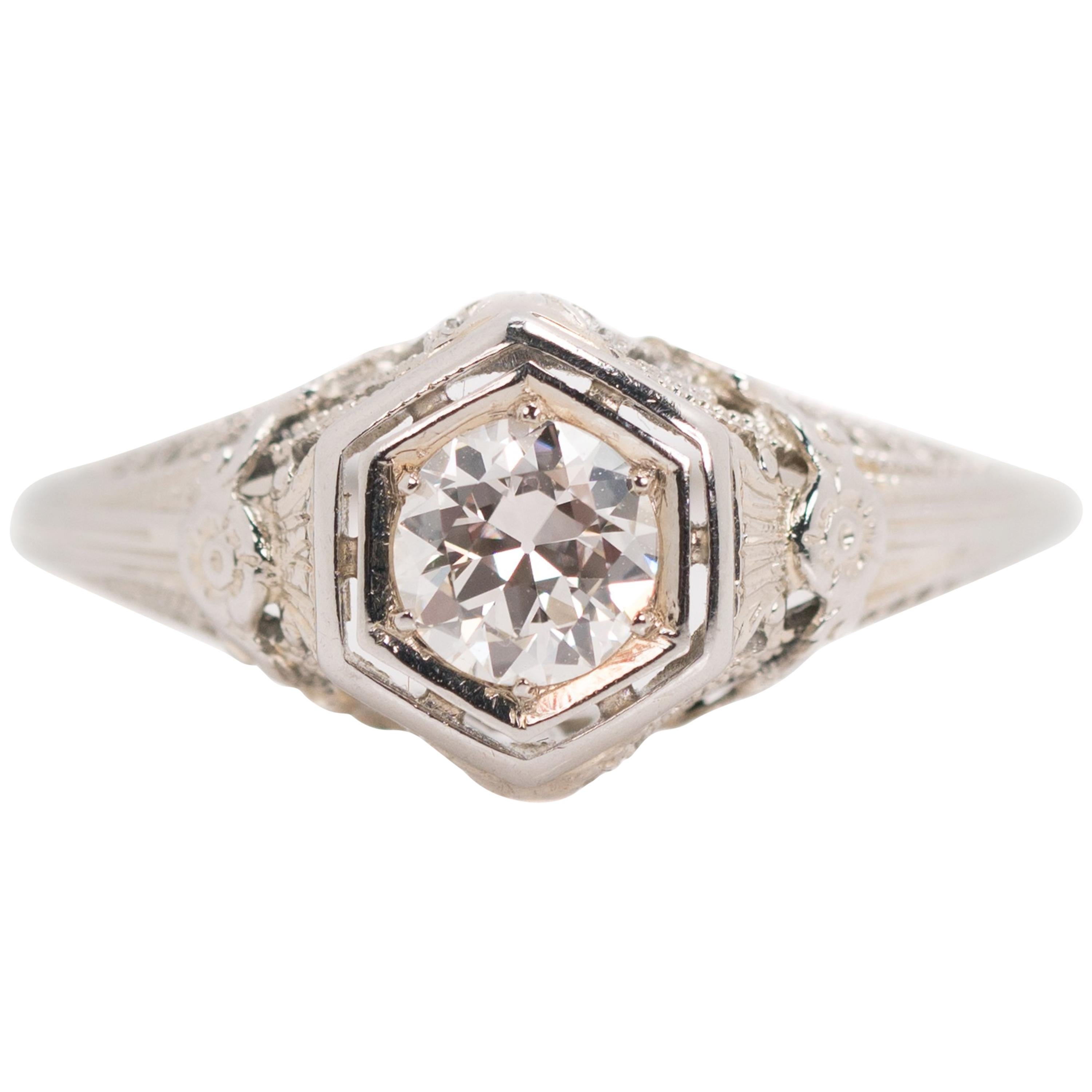 1920s 0.50 Carat Old European Diamond 18 Karat White Gold Engagement Ring