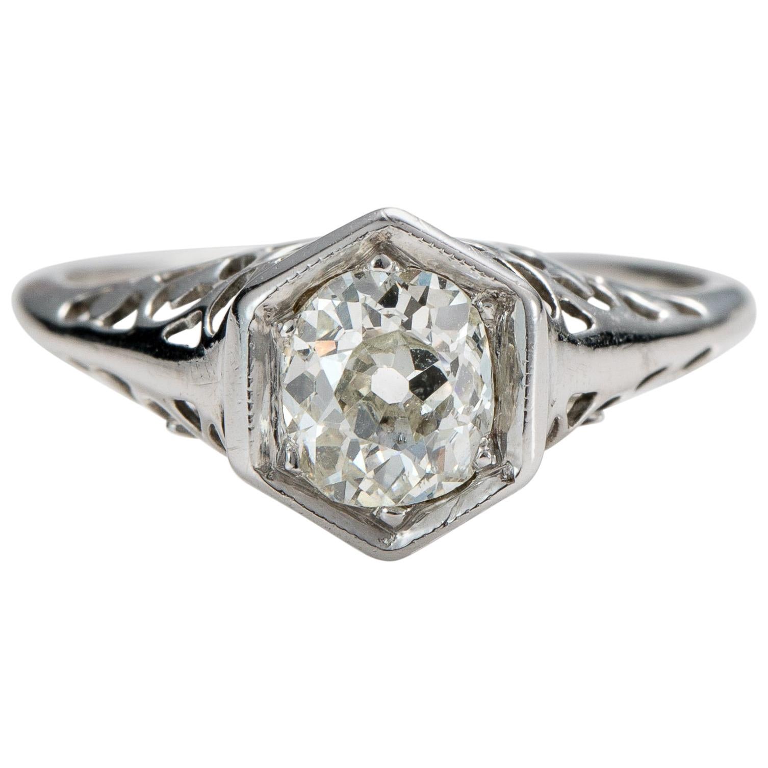 1920s 0.97 Carat Old Cut Cushion Diamond Engagement Ring, 14 Karat Gold For Sale
