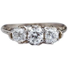 1920s 1 Carat Total Old Miner Diamond 3-Stone Ring, 18 Karat Gold