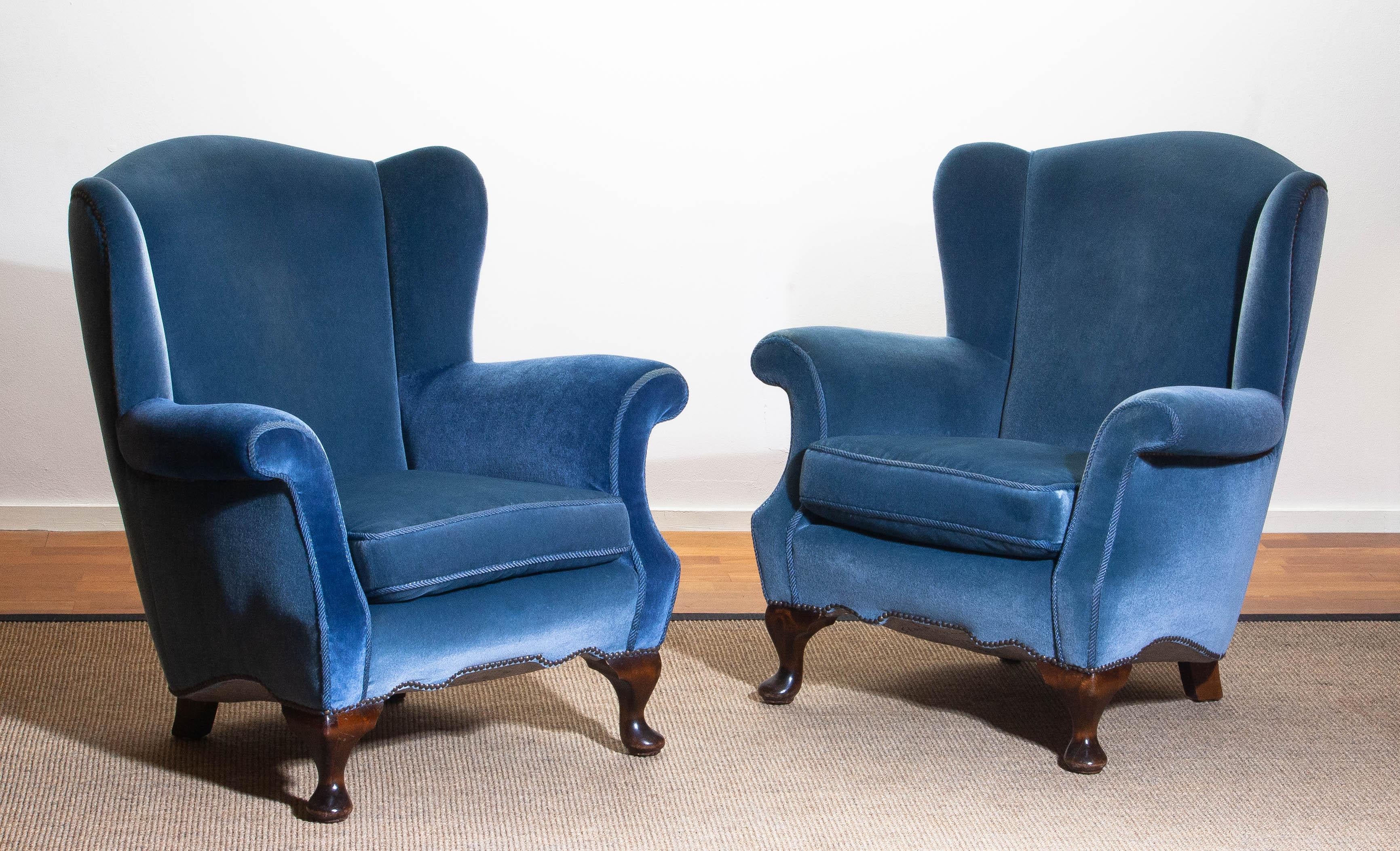 1920s, 1 Hollywood Regency Blue Velvet Wingback Club Lounge Armchair, Sweden 7