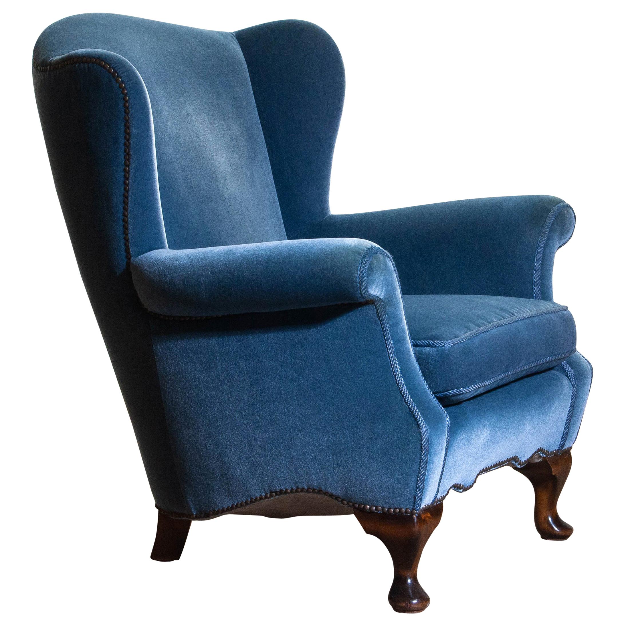 Swedish 1920s, 1 Hollywood Regency Blue Velvet Wingback Club Lounge Armchair, Sweden