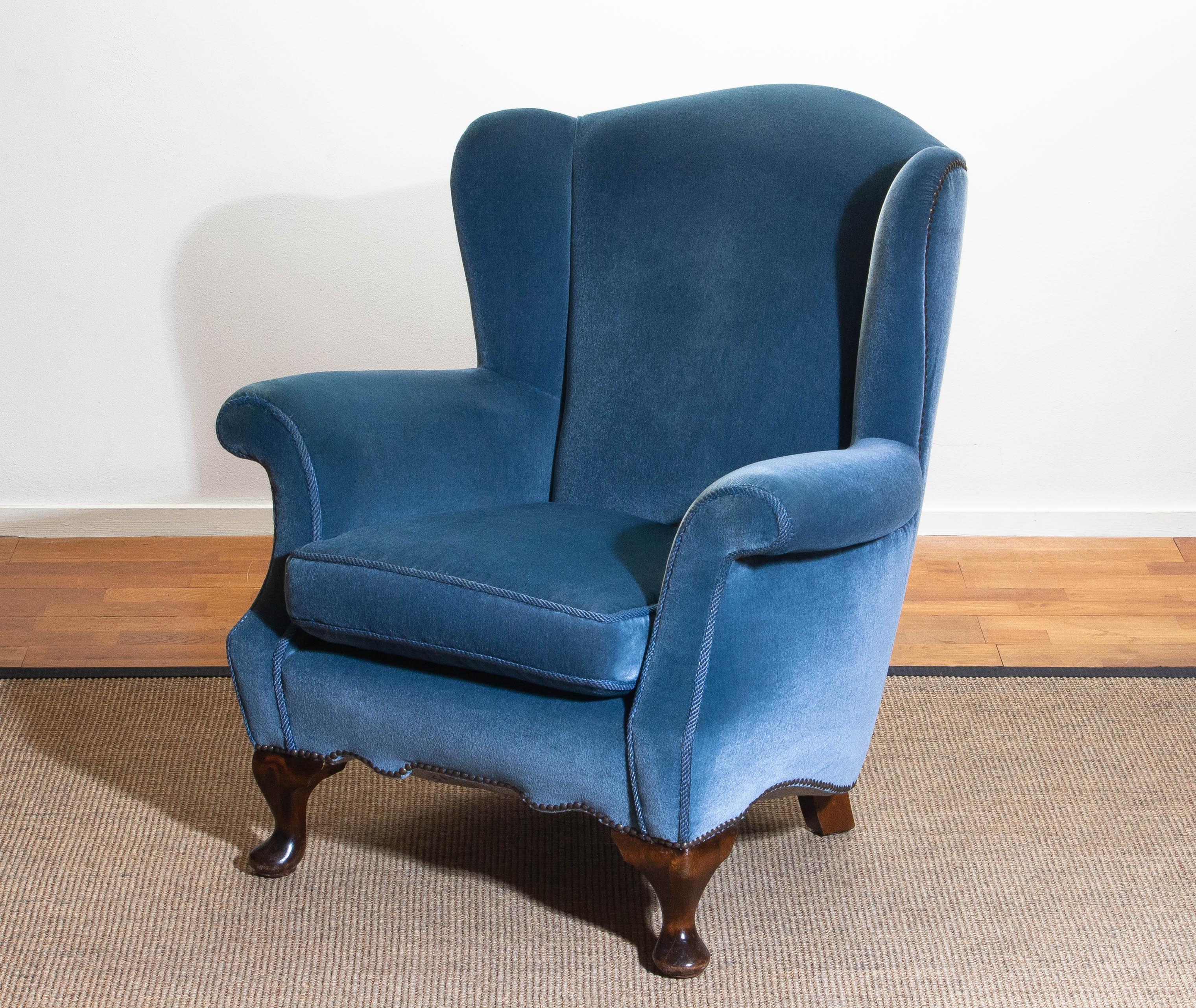 1920s, 1 Hollywood Regency Blue Velvet Wingback Club Lounge Armchair, Sweden 1