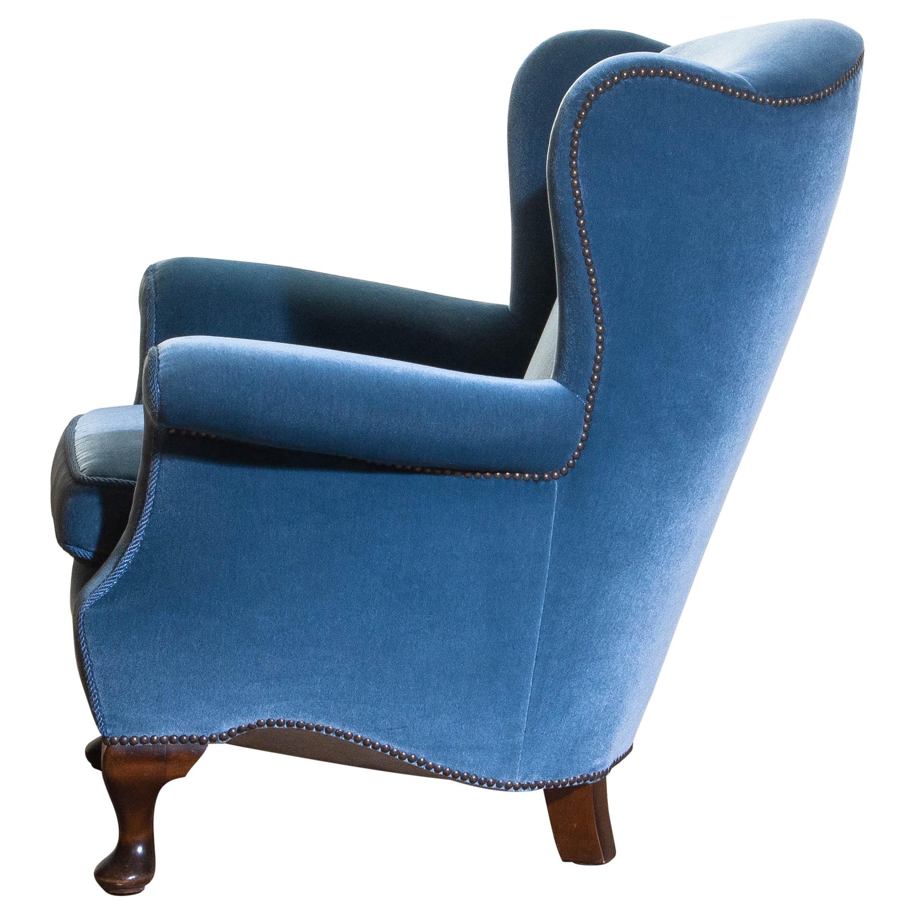 1920s, 1 Hollywood Regency Blue Velvet Wingback Club Lounge Armchair, Sweden