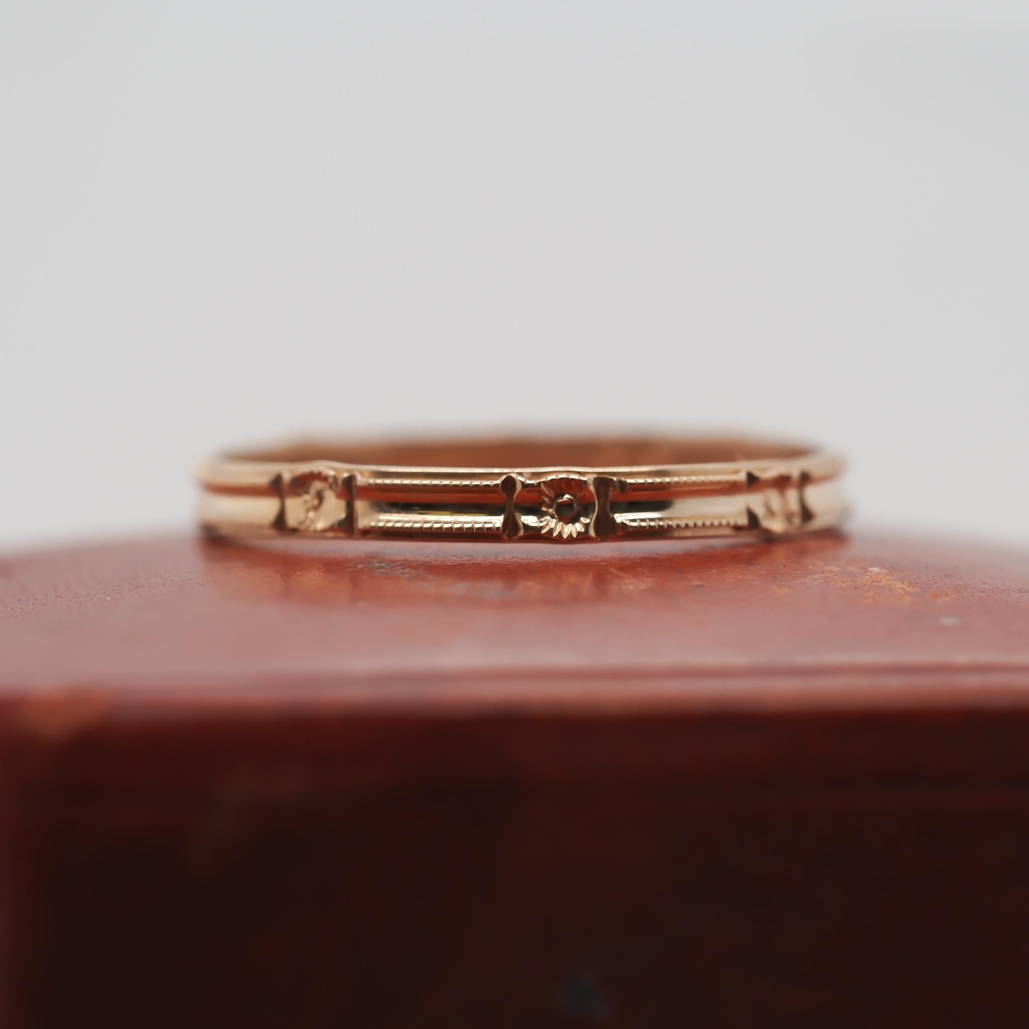 Year: 1920s
Item Details:
Ring Size: 6.75 (Sizable)
Metal Type: 10K Yellow Gold [Hallmarked, and Tested]
Weight: .75 grams
Band Width: 2.1mm
Condition: Excellent