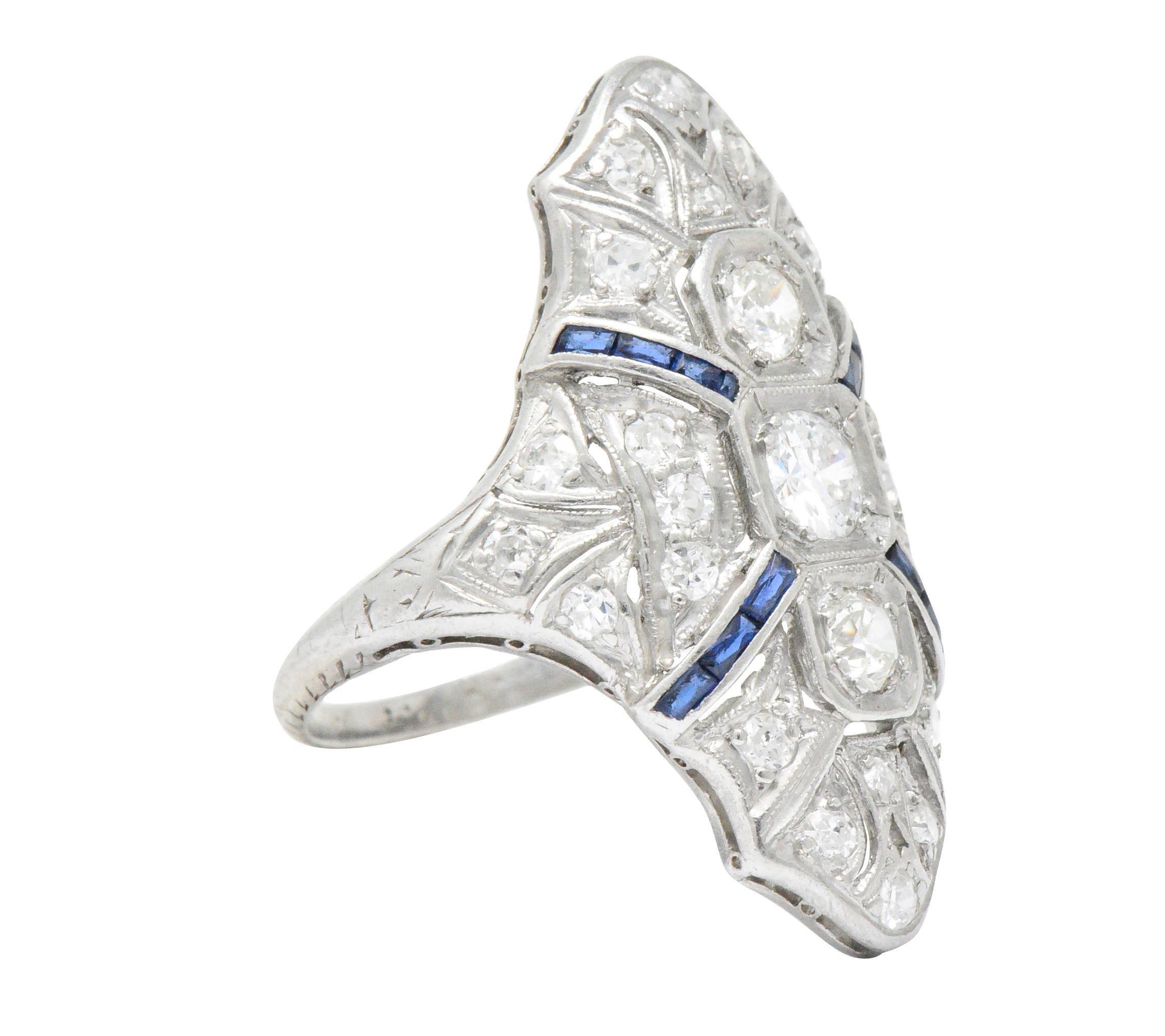 Round Cut 1920s 1.15 Carat Diamond Sapphire Platinum Art Deco Dinner Ring