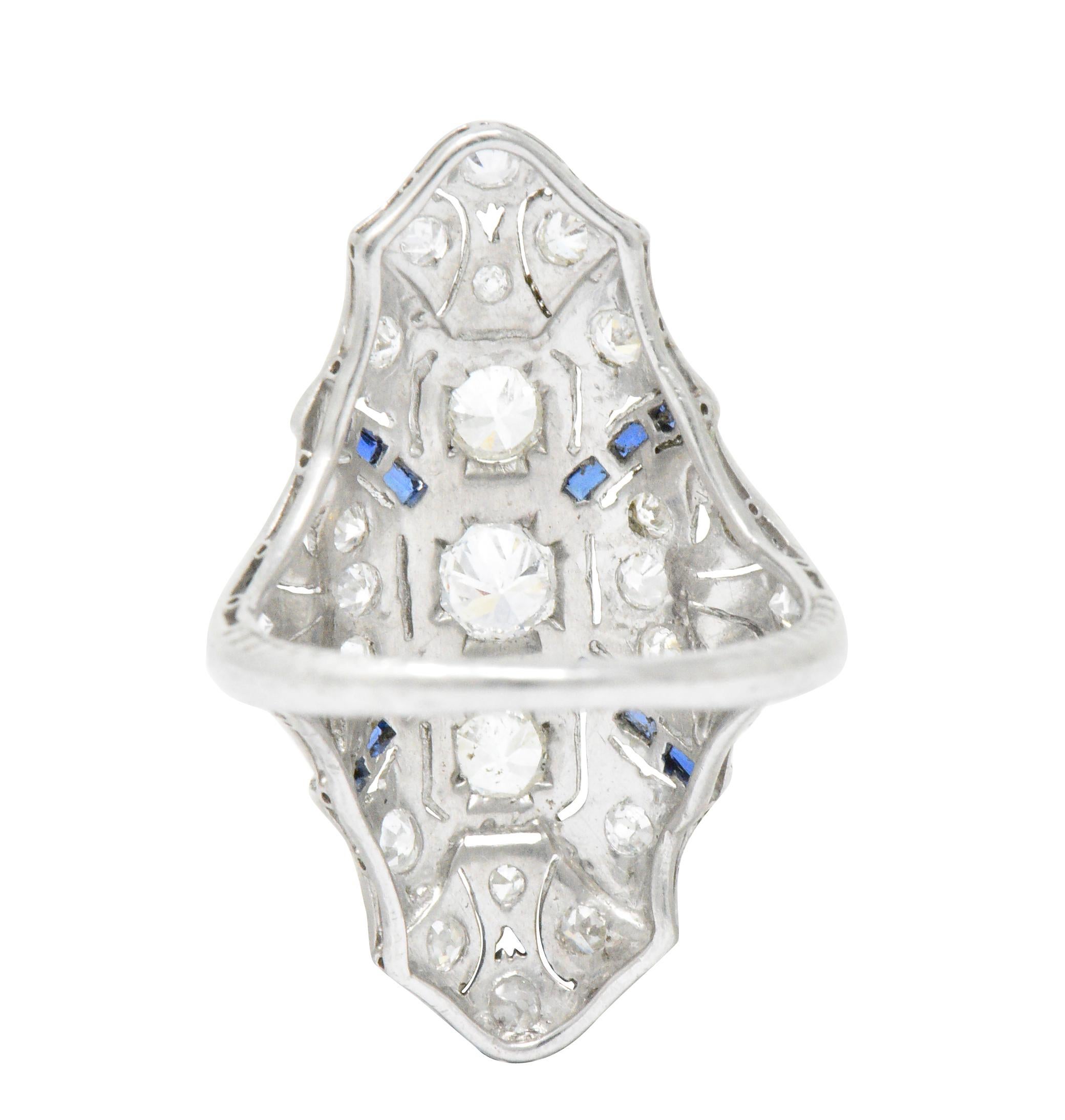 1920s 1.15 Carat Diamond Sapphire Platinum Art Deco Dinner Ring In Excellent Condition In Philadelphia, PA