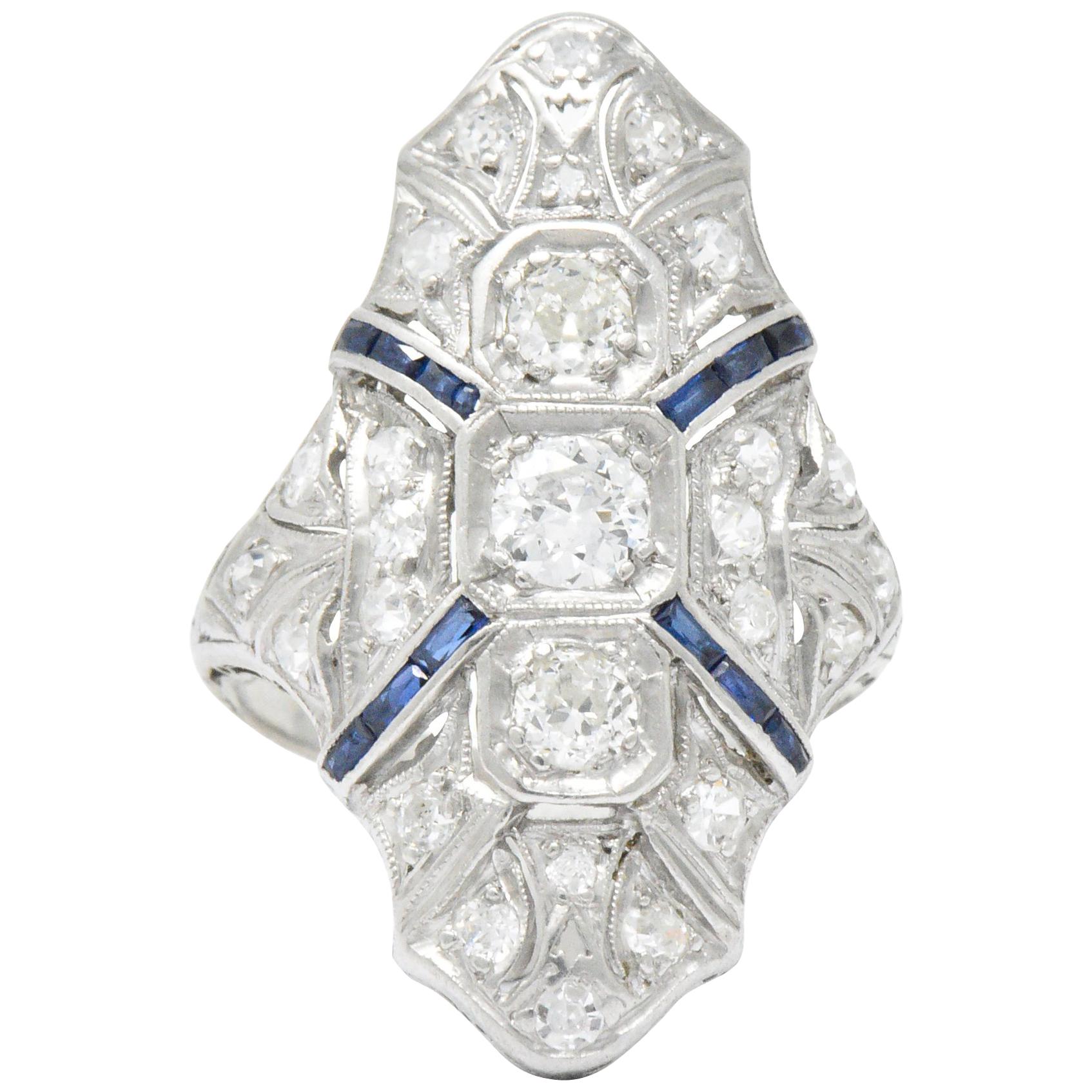 1920s 1.15 Carat Diamond Sapphire Platinum Art Deco Dinner Ring