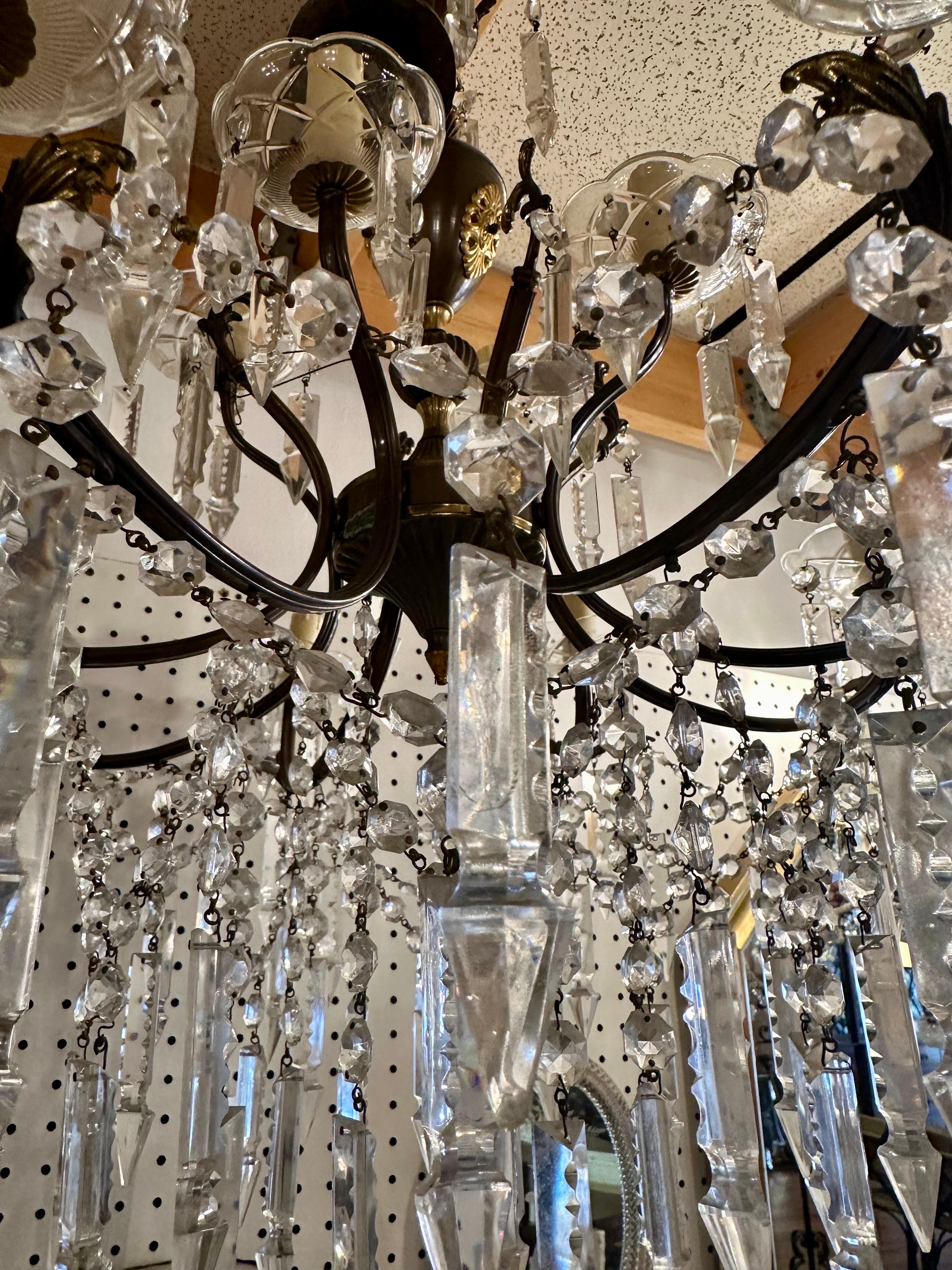 1920's 12-Light Bronze & Crystal Chandelier In Good Condition For Sale In Marshville, NC