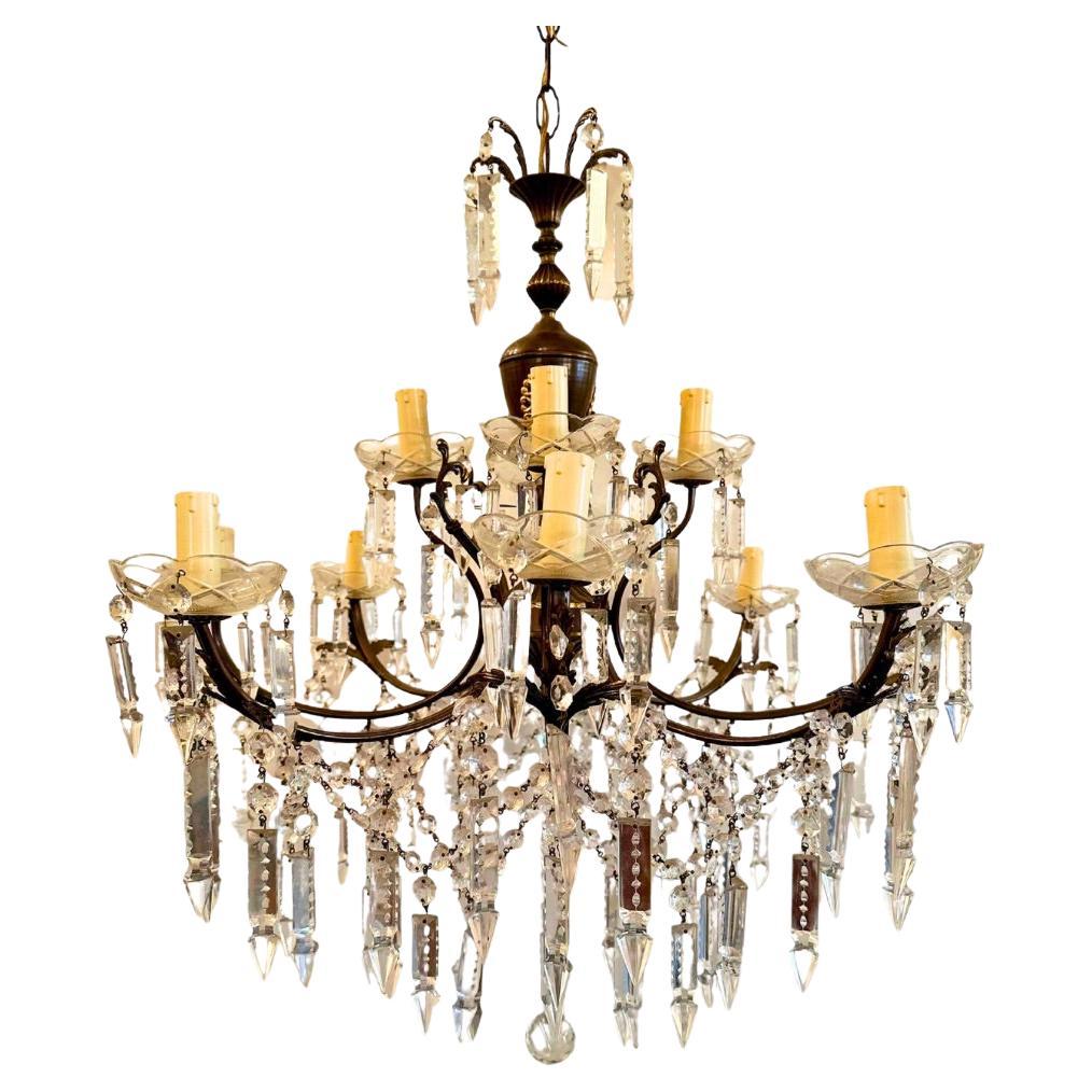 1920's 12-Light Bronze & Crystal Chandelier