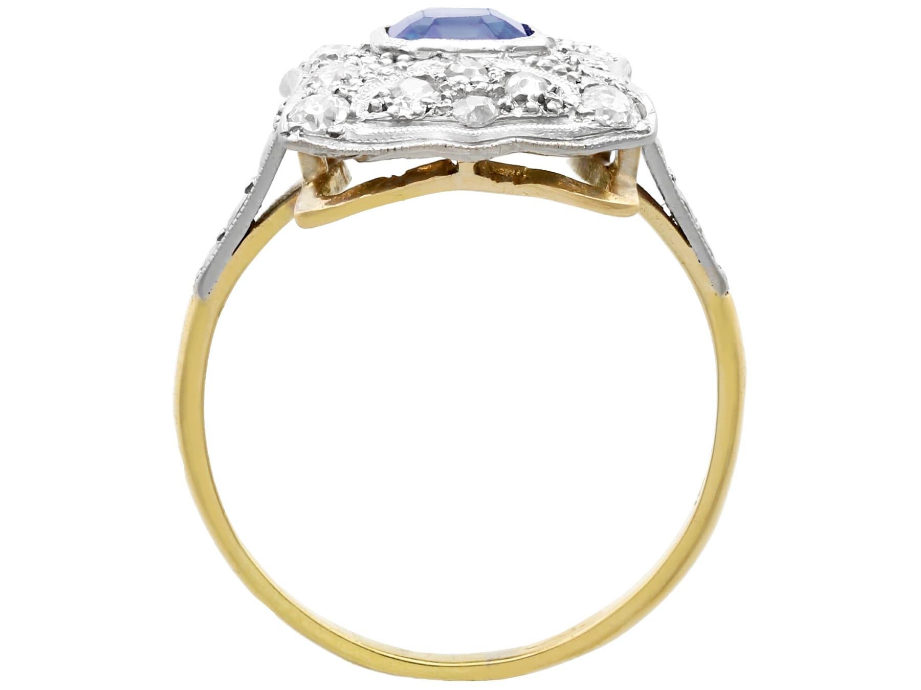 Old European Cut 1920s 1.20 Carat Sapphire and Diamond Yellow Gold Platinum Set Cocktail Ring For Sale