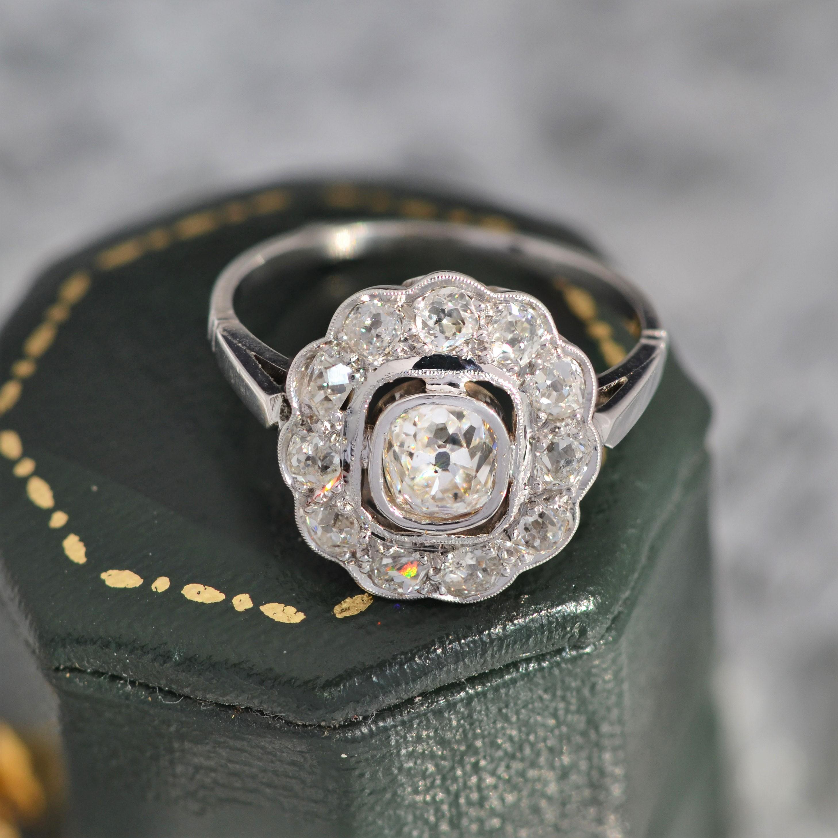 1920s 1, 35 Carat Diamond Platinum Flower Cluster Ring 4