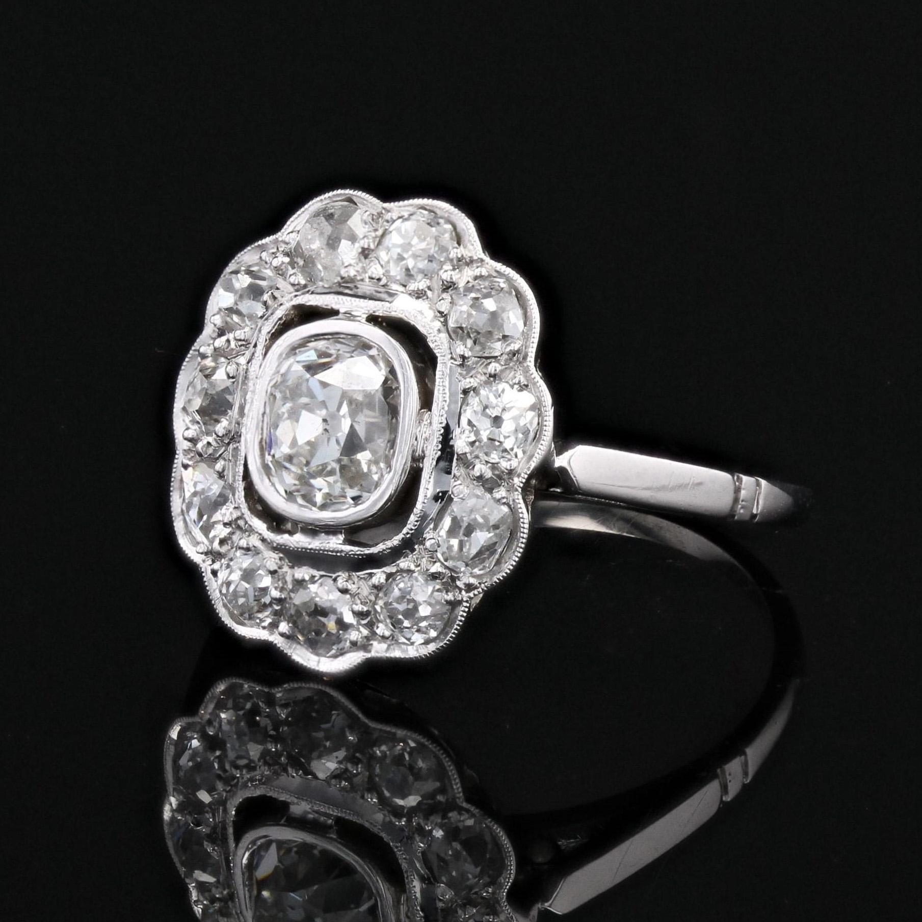 Women's 1920s 1, 35 Carat Diamond Platinum Flower Cluster Ring