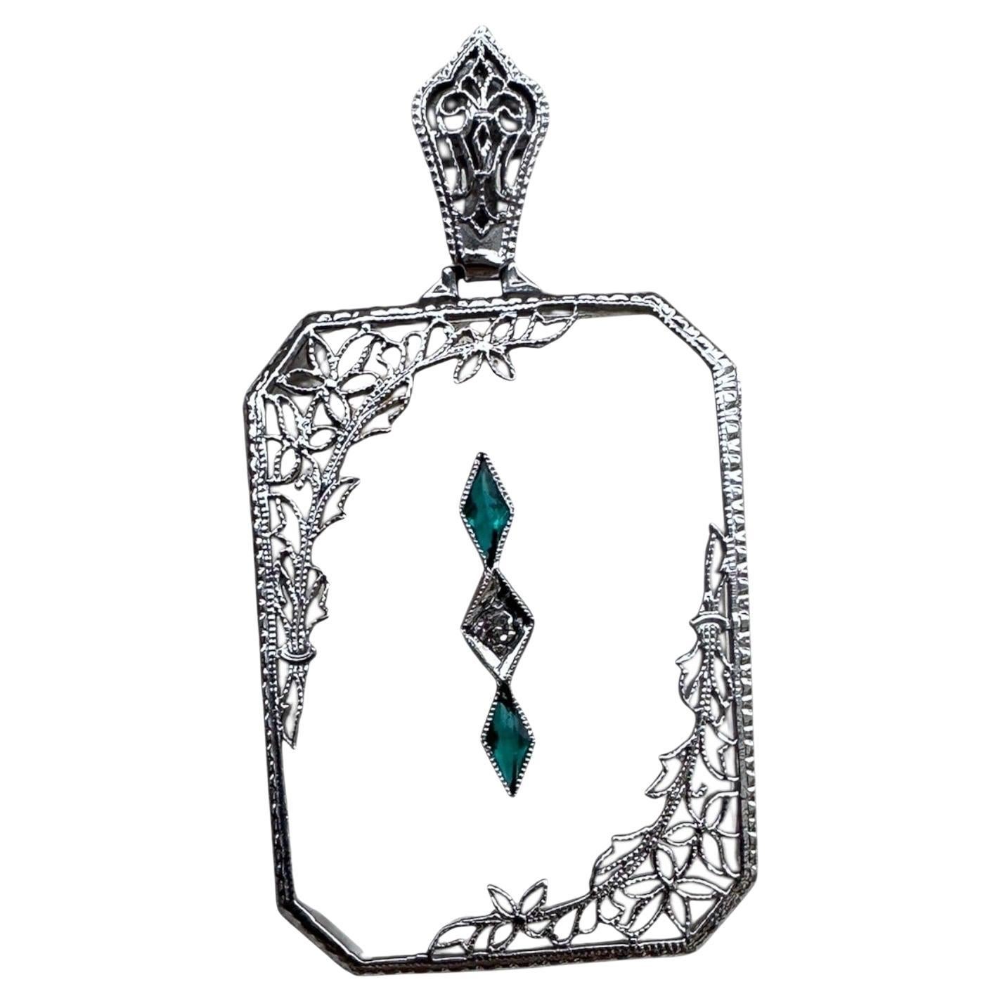 1920s 14 karat White Gold Art Deco, Diamond and Emerald, Pendant For Sale