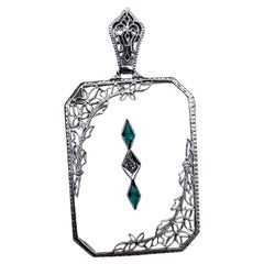 1920s 14 karat White Gold Art Deco, Diamond and Emerald, Pendant