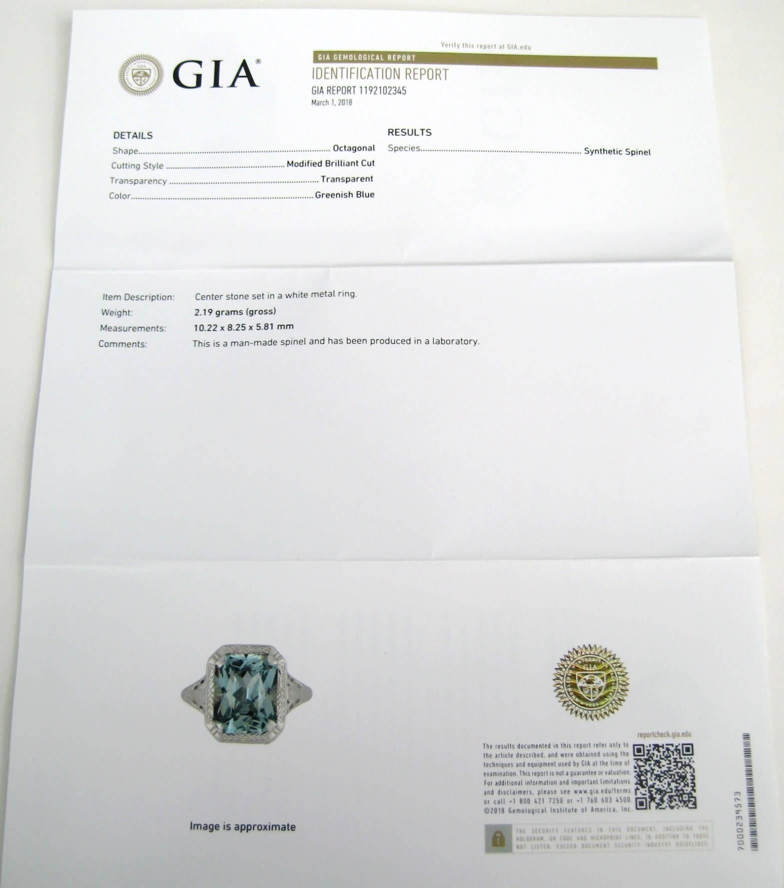 1920er Jahre 14 Karat Weißgold Blauer synthetischer Spinellring, GIA-Zertifikat im Angebot 1