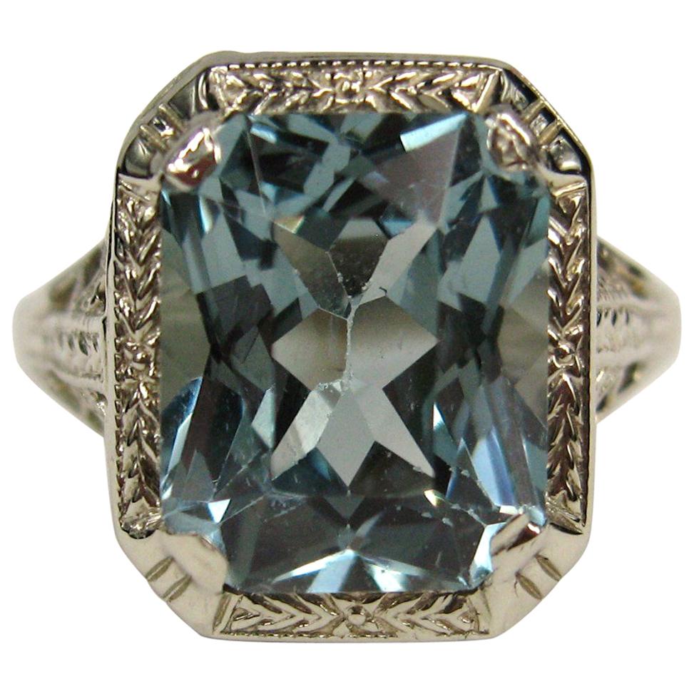 1920s 14 Karat White Gold Blue Synthetic Spinel Ring, GIA Certification