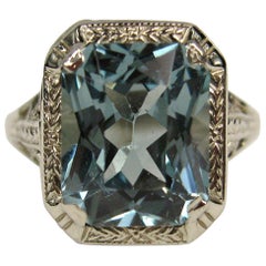 1920s 14 Karat White Gold Blue Synthetic Spinel Ring, GIA Certification