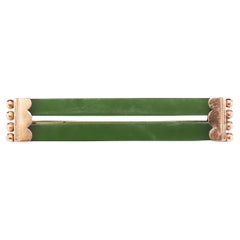 1920s 14 Karat Yellow Gold Straight Double Bar Jade Brooch Pin