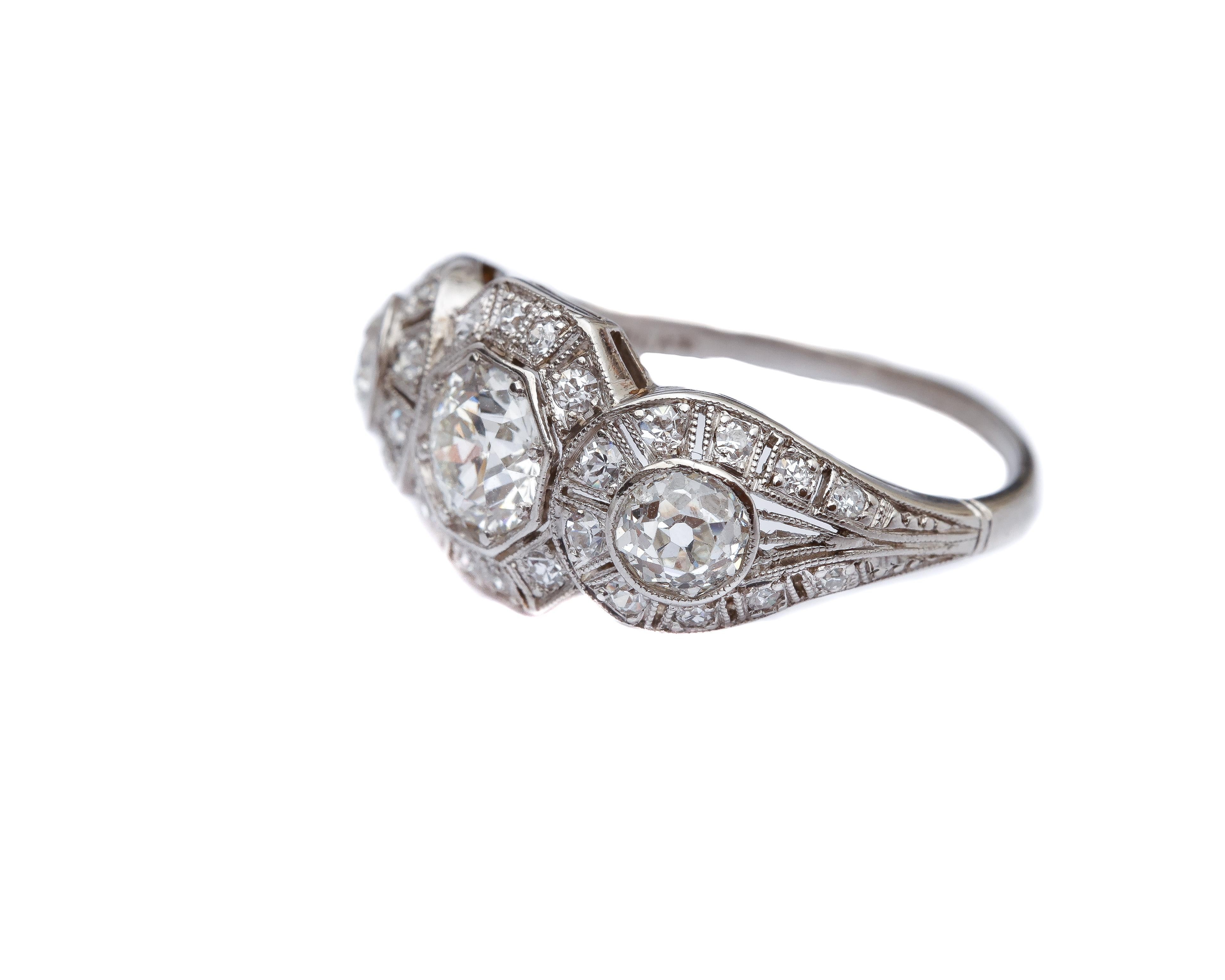 1920s 1.40 Carat Total 3-Stone Diamond Platinum Engagement Ring In Excellent Condition In Atlanta, GA
