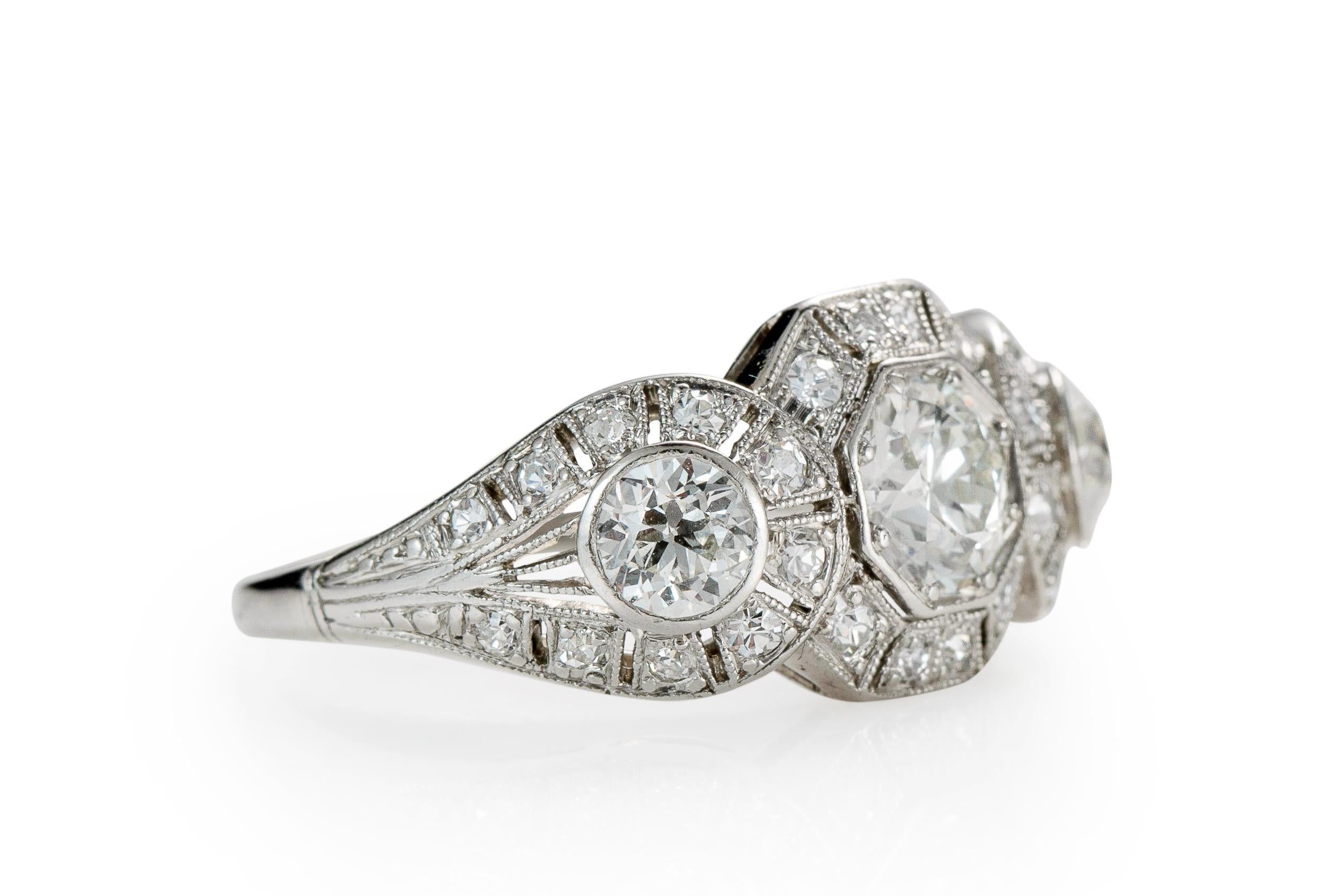 Old European Cut 1920s 1.40 Carat Total 3-Stone Diamond Platinum Engagement Ring