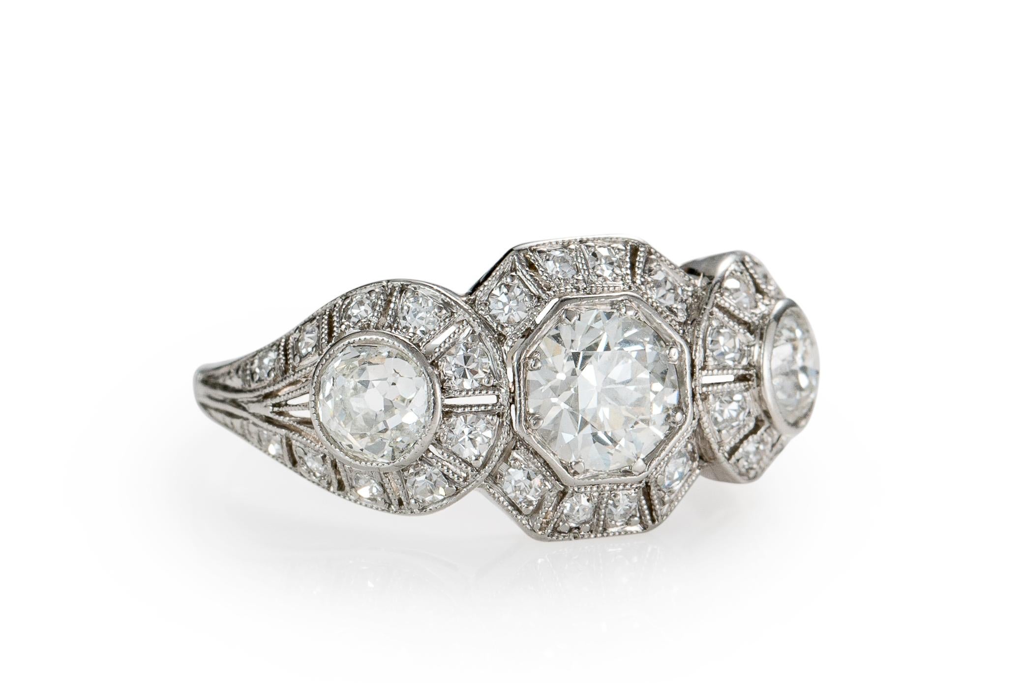 1920s 1.40 Carat Total 3-Stone Diamond Platinum Engagement Ring 1
