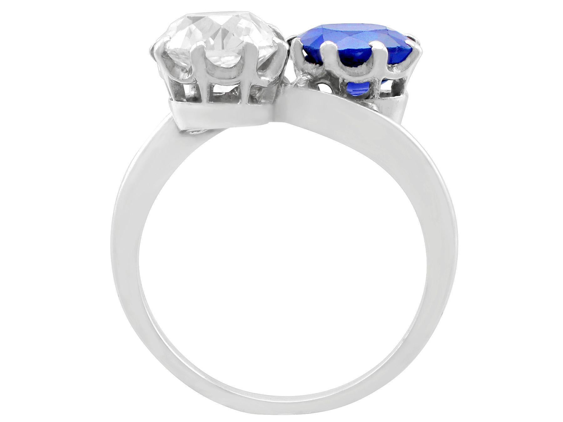 Women's 1920s 1.45 Carat Diamond 1.58 Carat Sapphire Platinum Twist Ring For Sale
