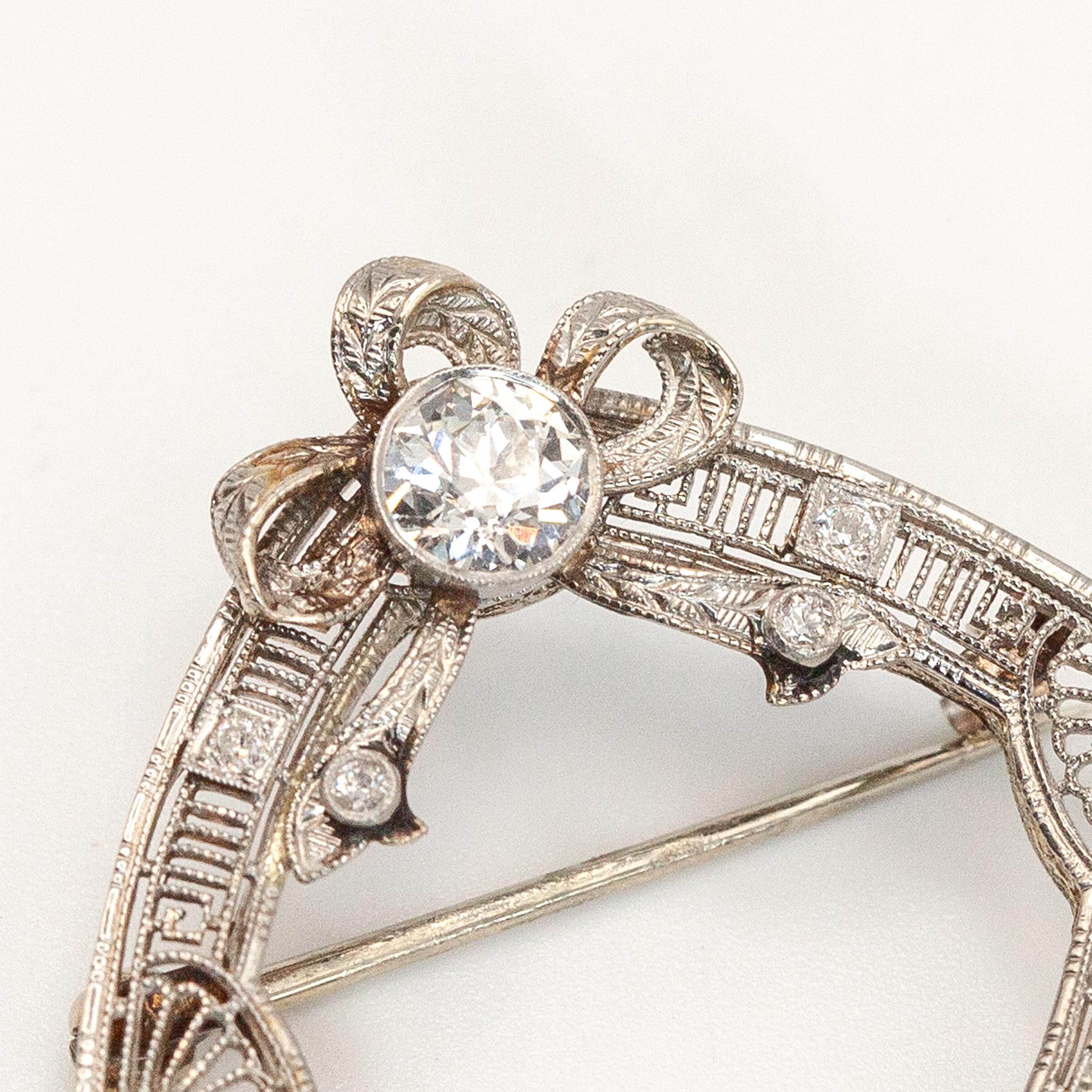 1920s 14K WG Diamond Filigree Wreath Pin Brooch For Sale 4